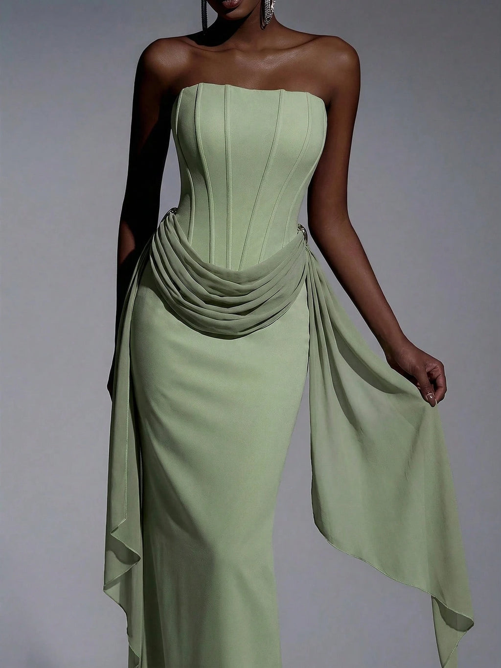 Elitara Sage Green,Summer,Elegant,Formal,Wedding Strapless Dress With Fish Bone & Metal Decor,Back - image 13
