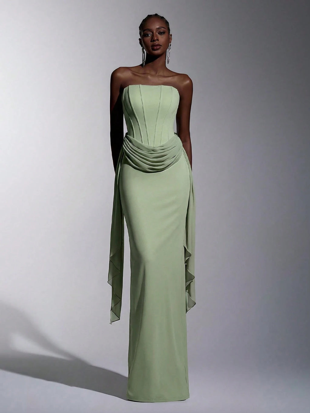 Elitara Sage Green,Summer,Elegant,Formal,Wedding Strapless Dress With Fish Bone & Metal Decor,Back - image 14
