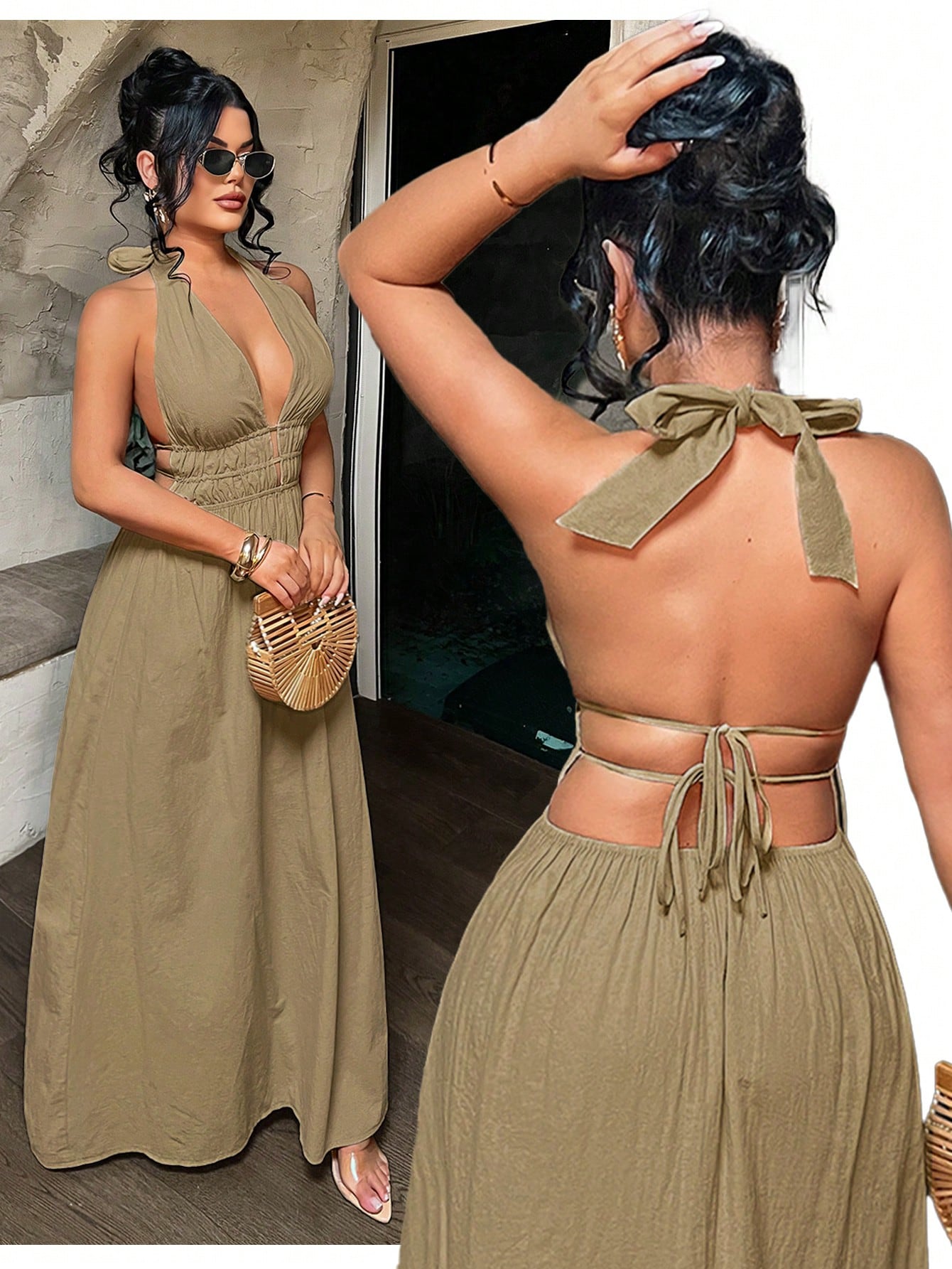 SXY Women's Solid Color Tropical Deep V Neck Ruched Design Sexy Dress,Summer Dresses For Women Beach Vacation - image 7