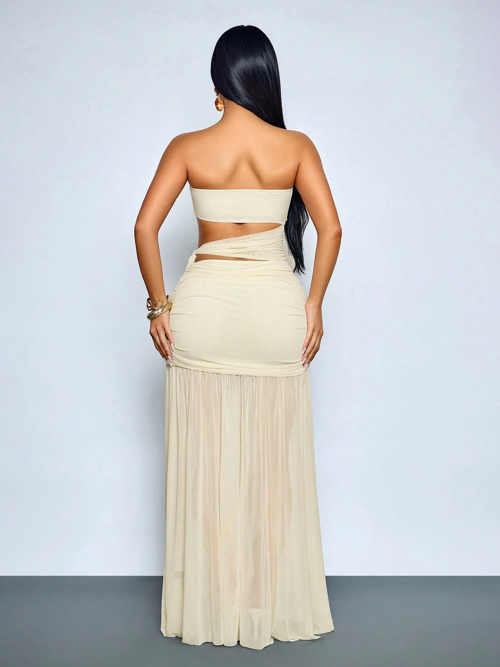 SOLERSUN Sexy Strapless Sheer Mesh Maxi Dress Women Ruched Cut Out