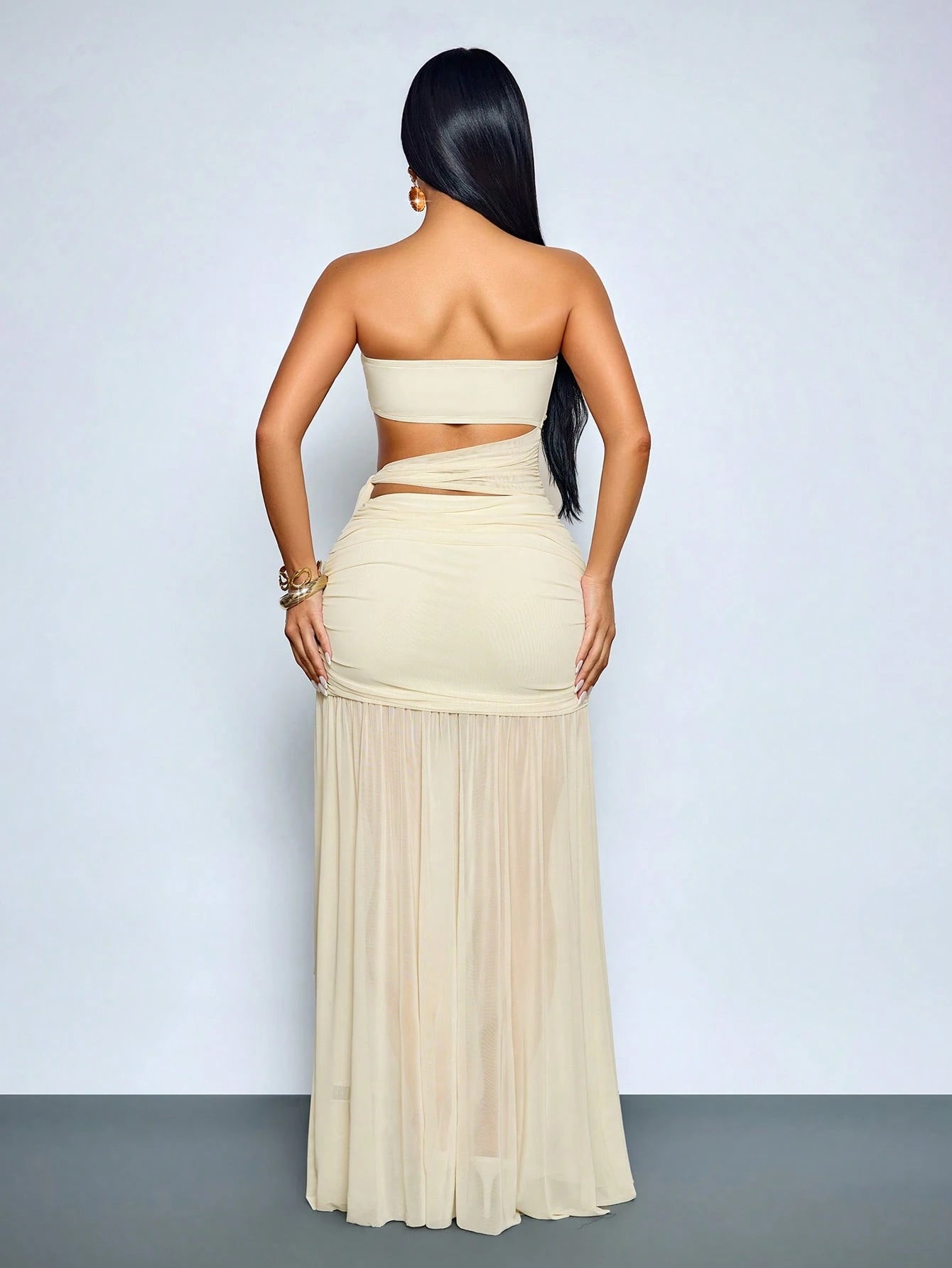 SOLERSUN Sexy Strapless Sheer Mesh Maxi Dress Women Ruched Cut Out