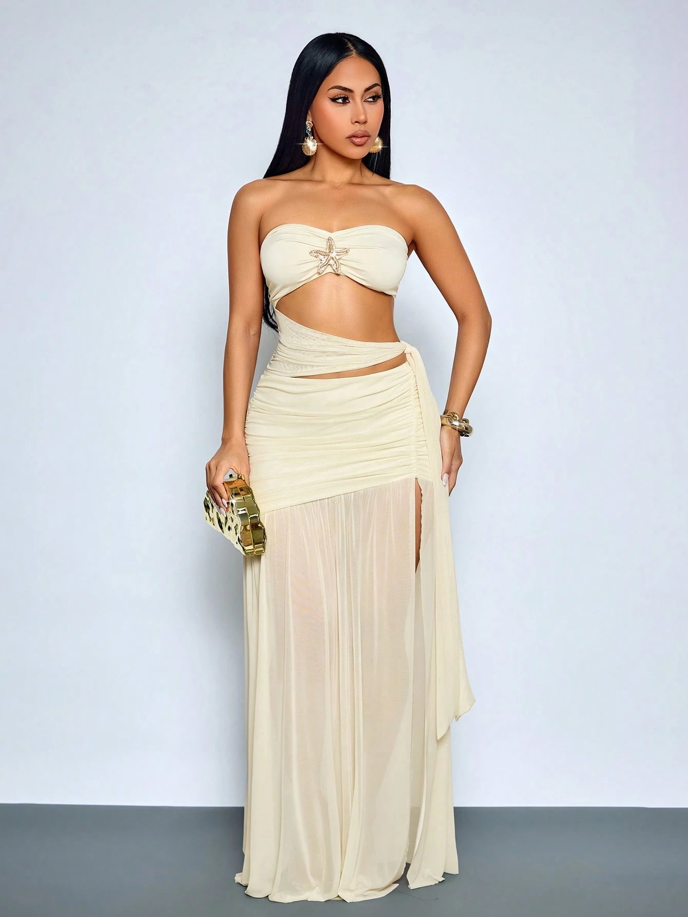 SOLERSUN Sexy Strapless Sheer Mesh Maxi Dress Women Ruched Cut Out Waist Beach Club Vacation Goddess Dress - image 5