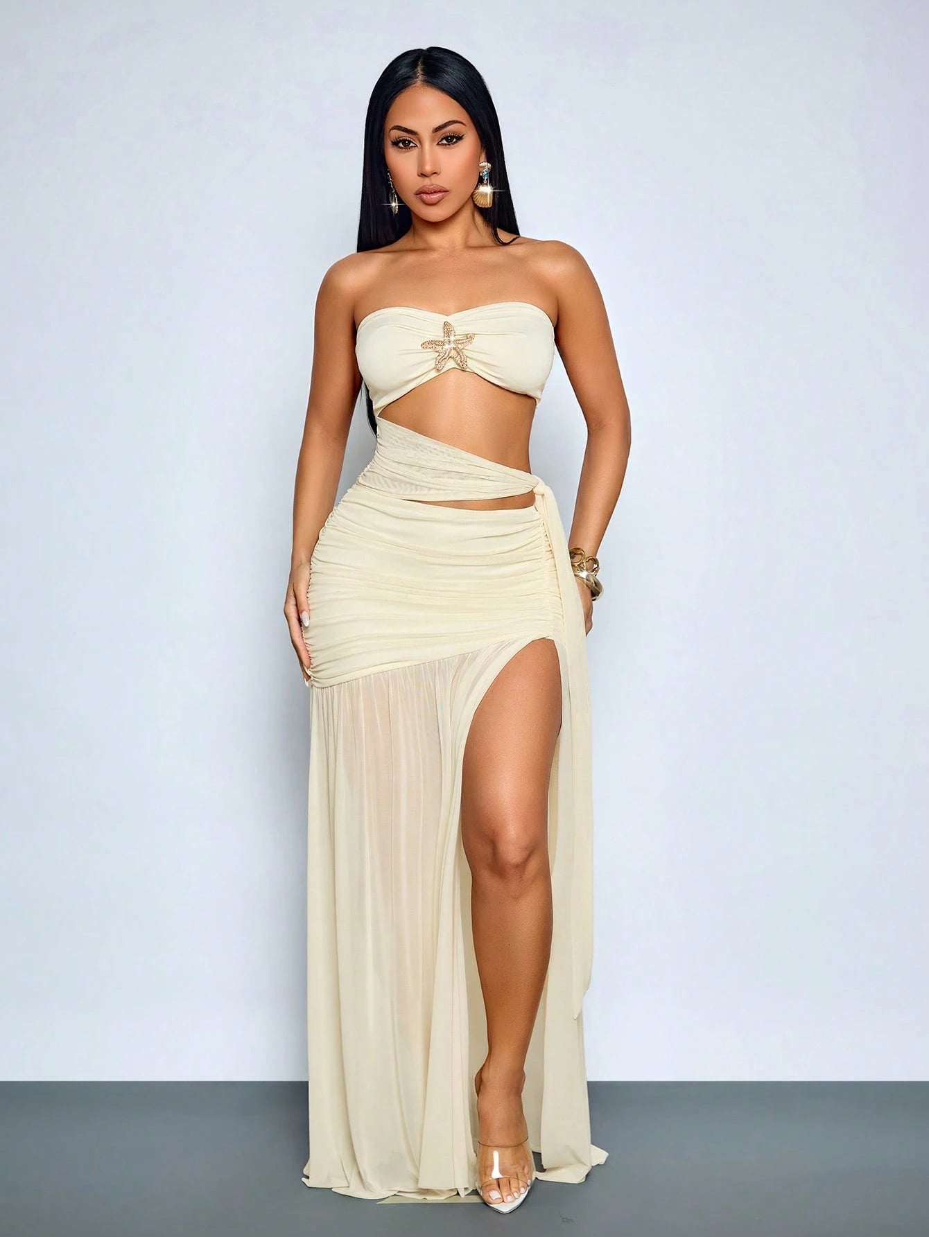 SOLERSUN Sexy Strapless Sheer Mesh Maxi Dress Women Ruched Cut Out