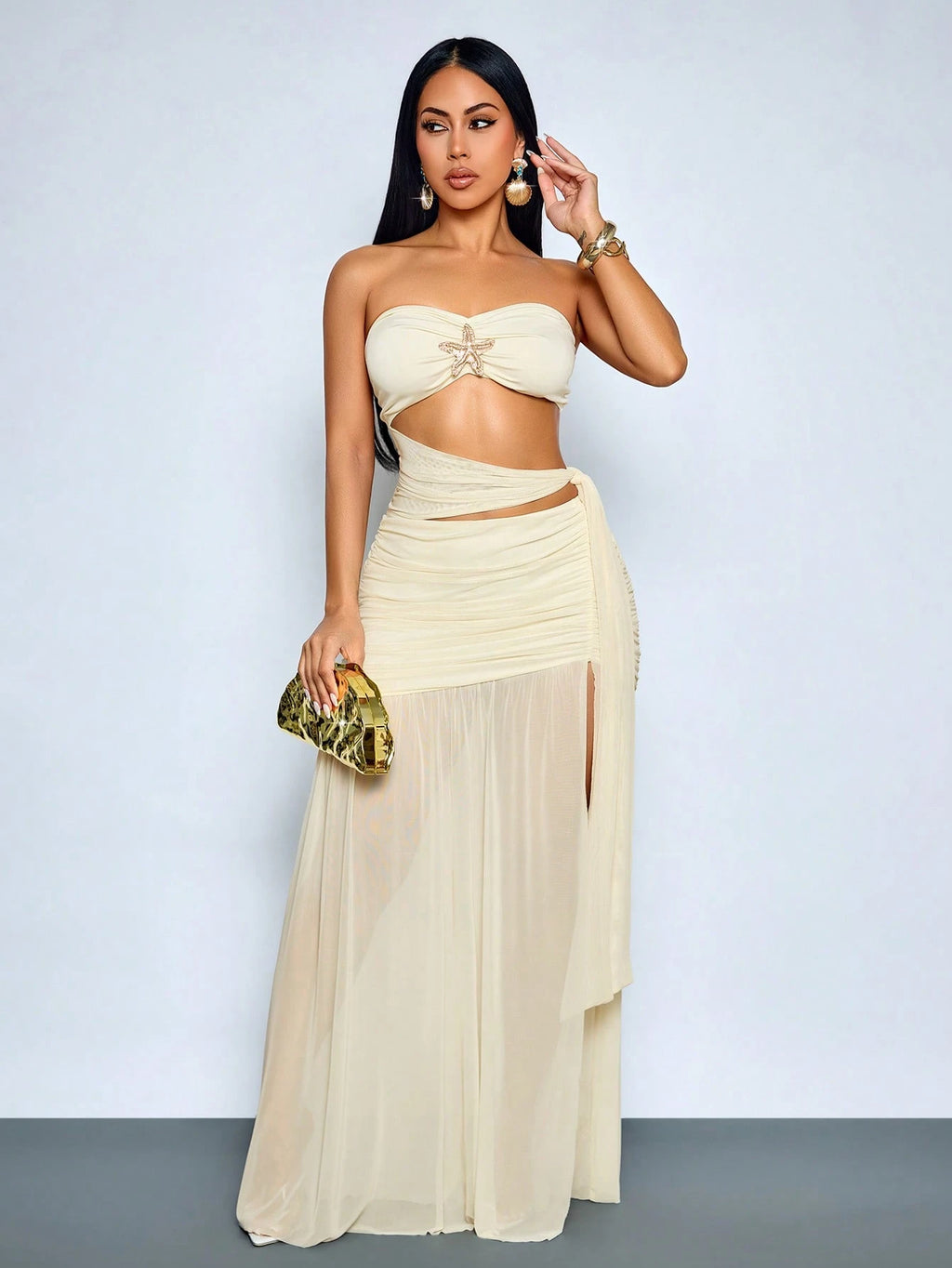 SOLERSUN Sexy Strapless Sheer Mesh Maxi Dress Women Ruched Cut Out