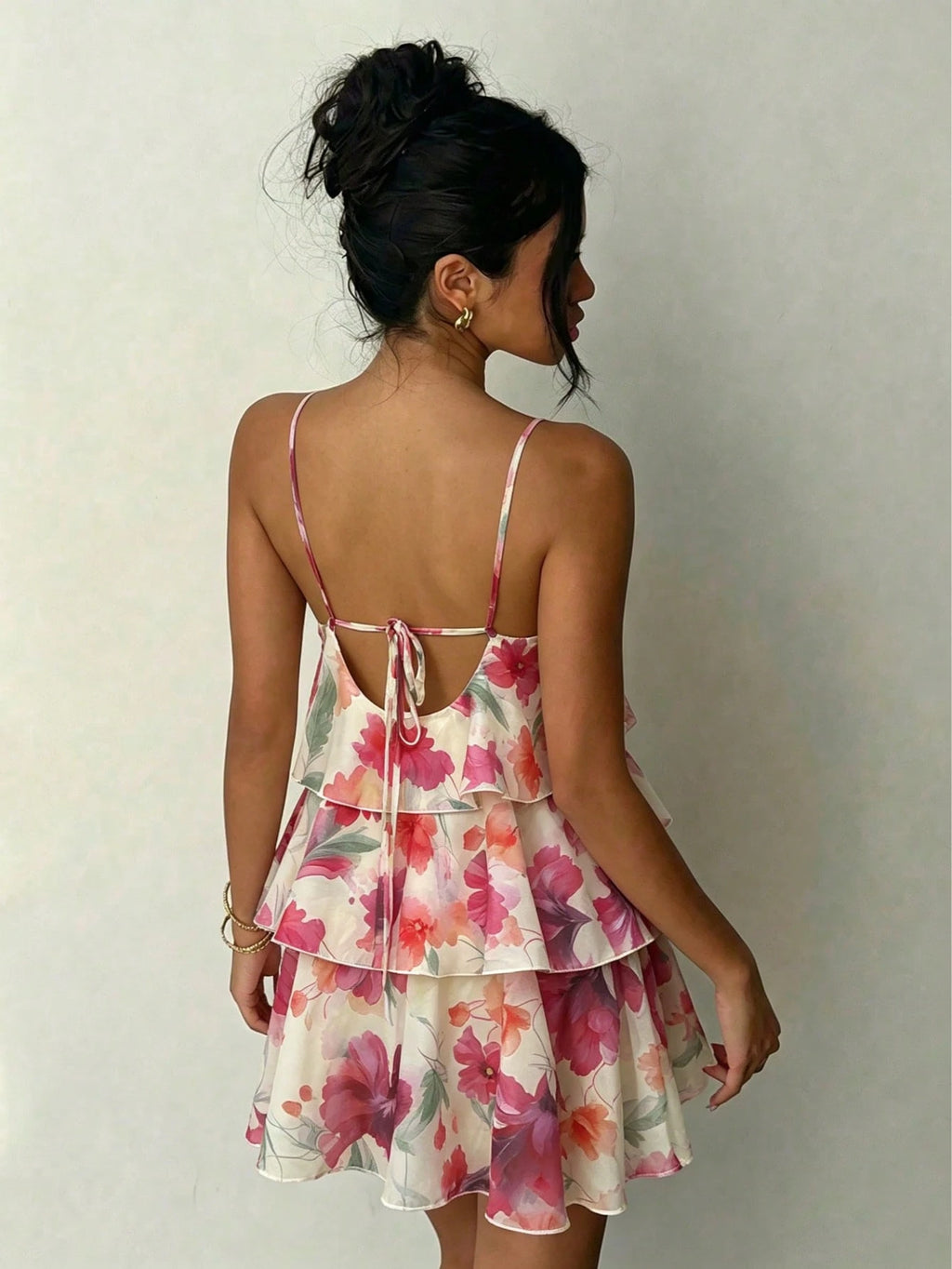 Floral Print Spaghetti Strap Mini Dress - Pink/Red/Orange/Purple Flowers, Green Leaves, Layered Ruffle Hem, - image 3