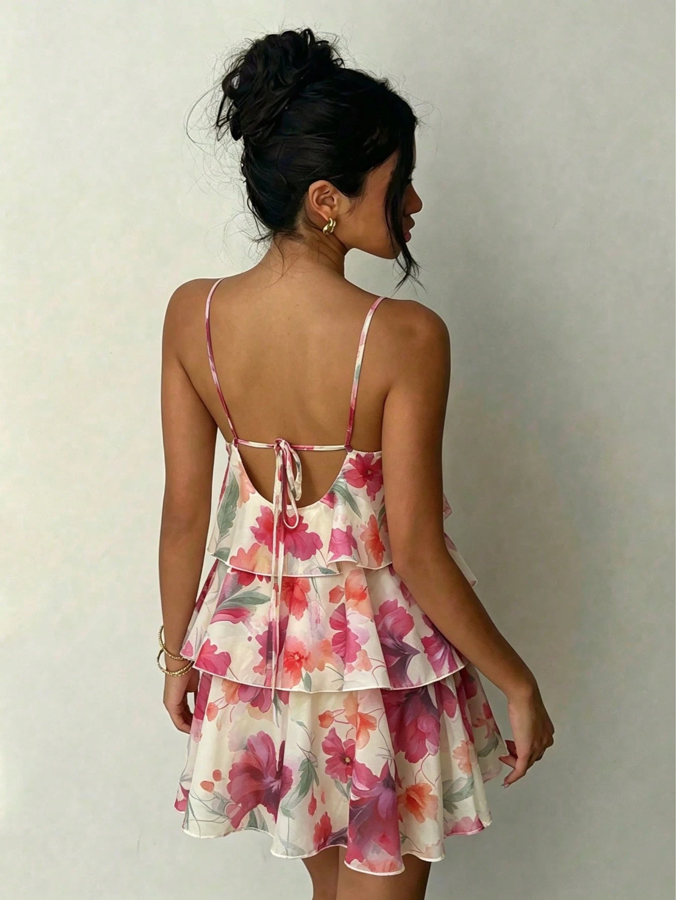Floral Print Spaghetti Strap Mini Dress - Pink/Red/Orange/Purple Flowers, Green Leaves, Layered Ruffle Hem, - image 3