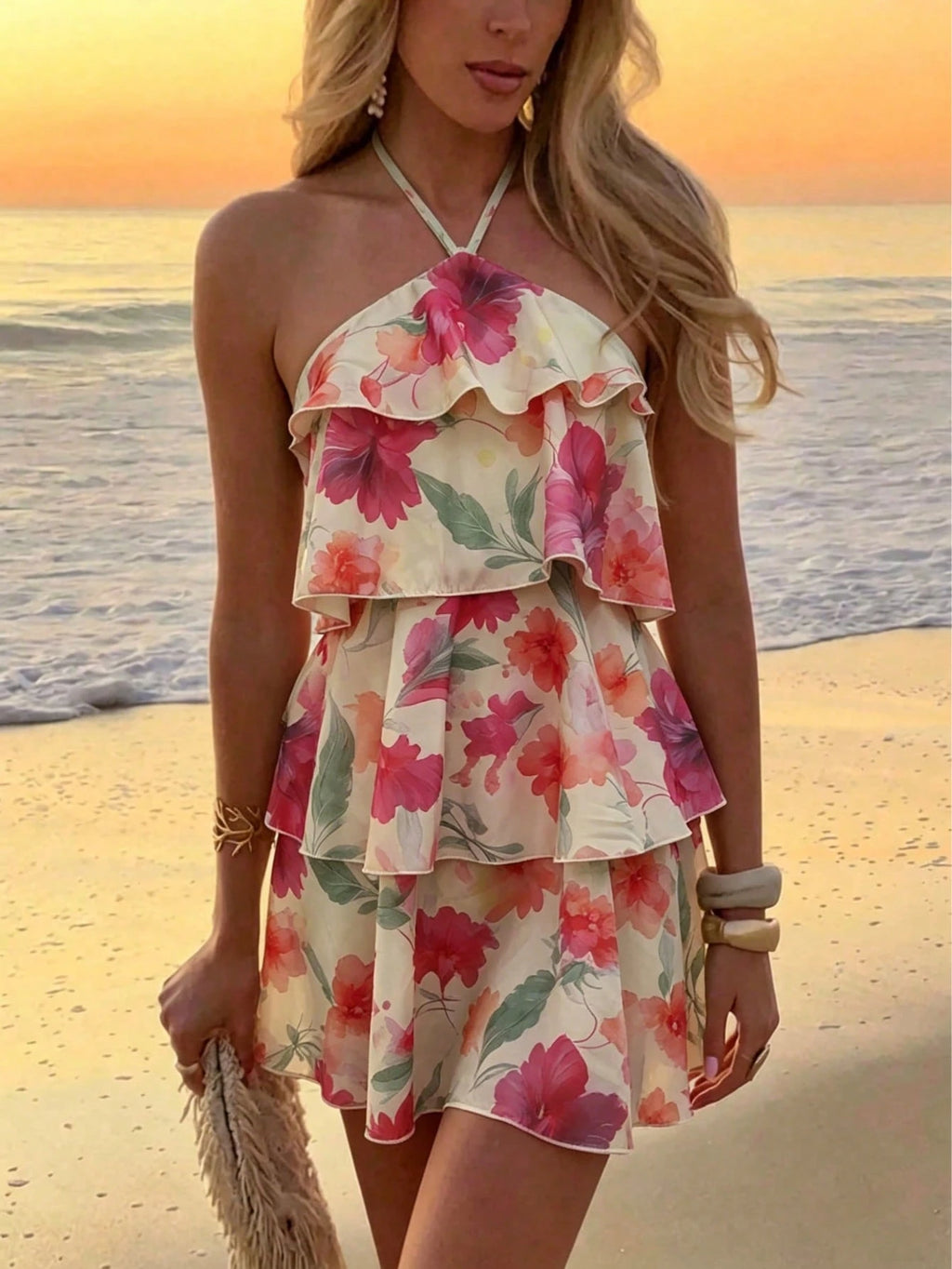 Floral Print Spaghetti Strap Mini Dress - Pink/Red/Orange/Purple Flowers, Green Leaves, Layered Ruffle Hem, - image 5