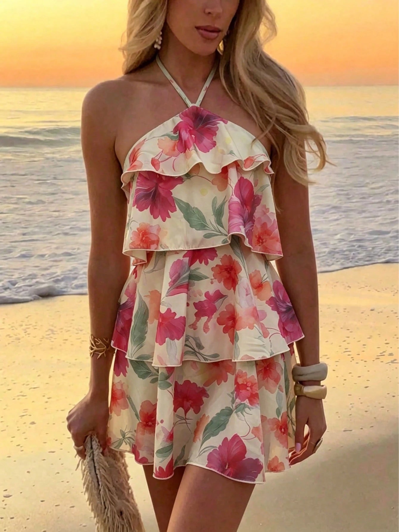 Floral Print Spaghetti Strap Mini Dress - Pink/Red/Orange/Purple Flowers, Green Leaves, Layered Ruffle Hem, - image 5