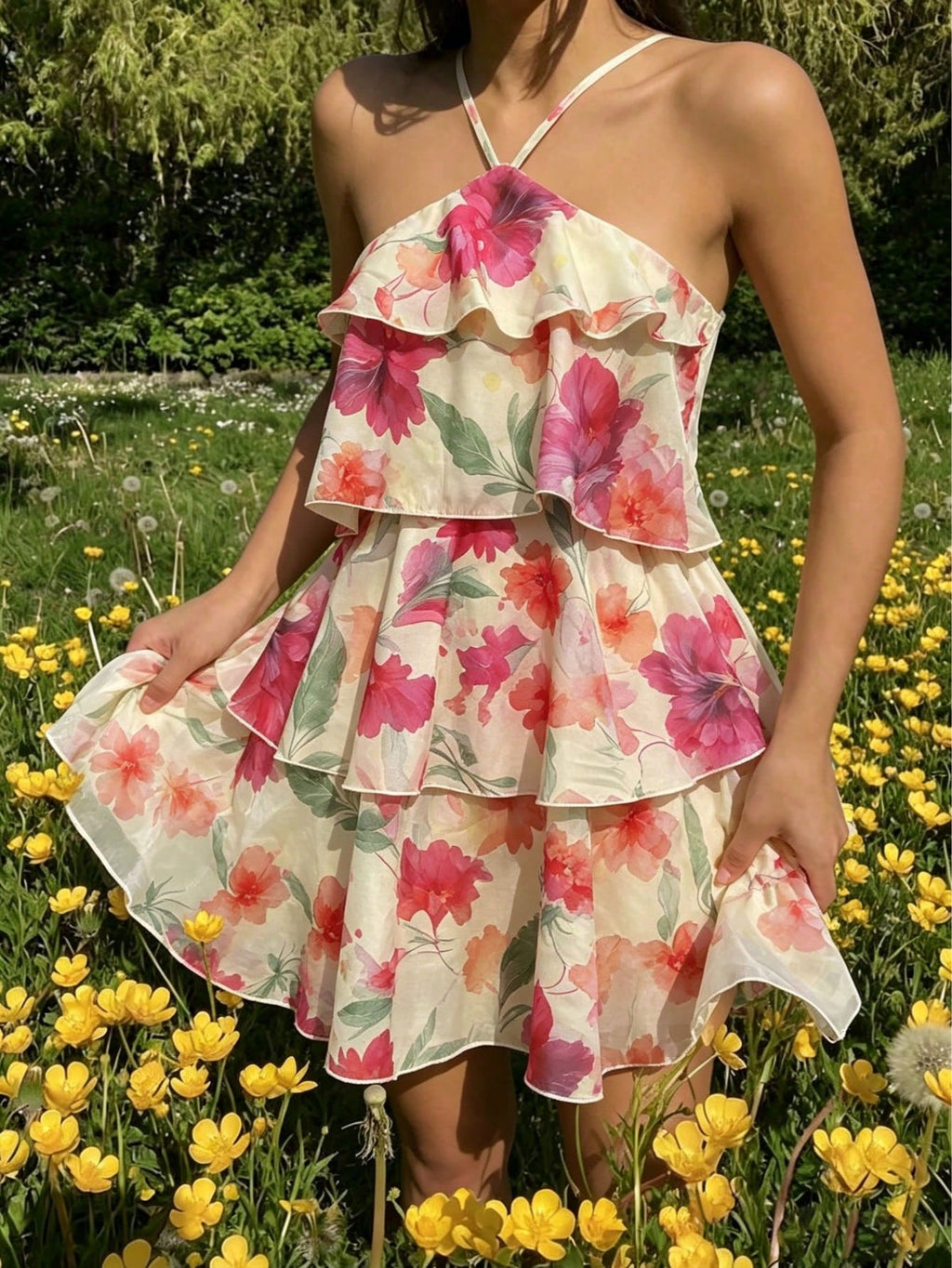 Floral Print Spaghetti Strap Mini Dress - Pink/Red/Orange/Purple Flowers, Green Leaves, Layered Ruffle Hem, - image 6
