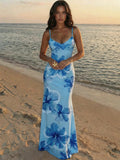 Aloruh Vacation Spaghetti Strap Tie-Up Bodycon Printed Dress For Women, Spring/Summer,Summer Dresses For Women