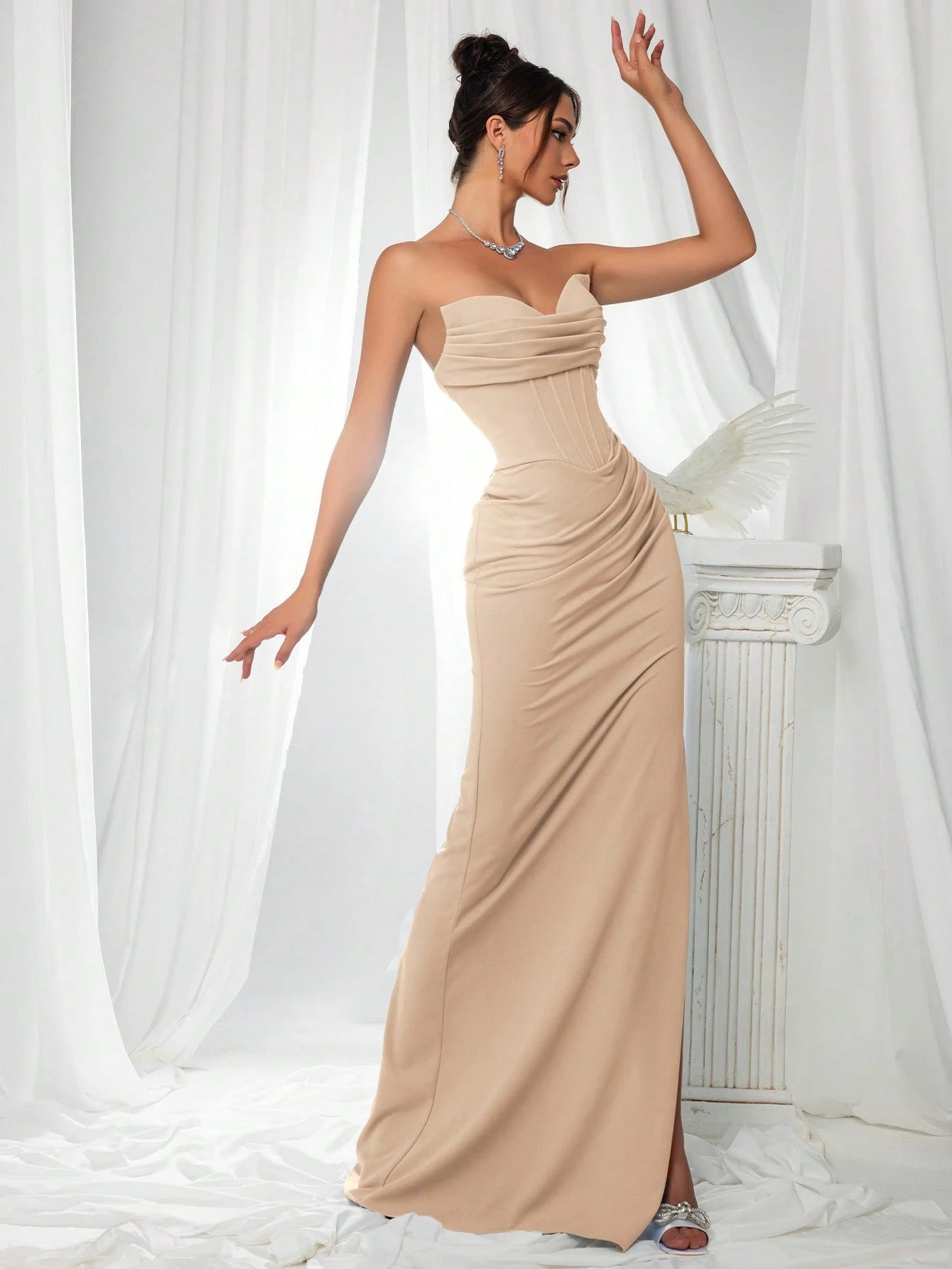 VIPGIRL Elegant Bridesmaid Dress: Strapless Fitted Satin Maxi Dress With Waist Cinching Design And Pleated