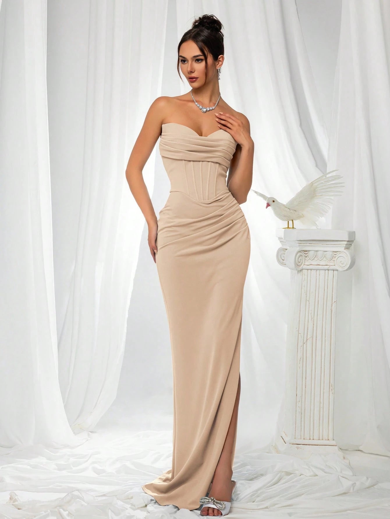 VIPGIRL Elegant Bridesmaid Dress: Strapless Fitted Satin Maxi Dress With Waist Cinching Design And Pleated - image 4