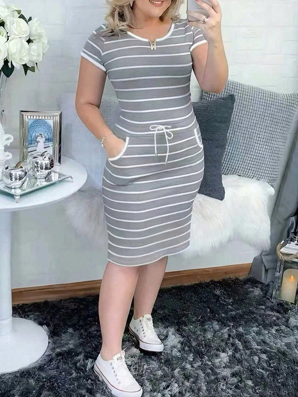 Women's Casual Striped Short Sleeve Shirt Dress With Drawstring Waist