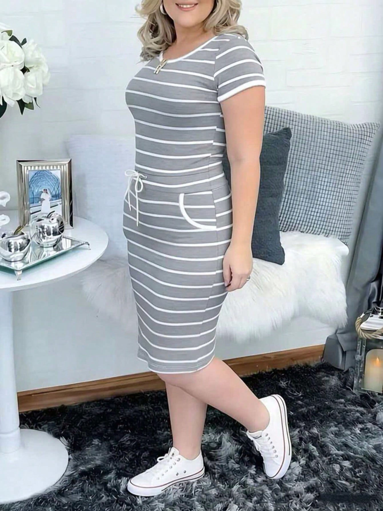 Women's Casual Striped Short Sleeve Shirt Dress With Drawstring Waist