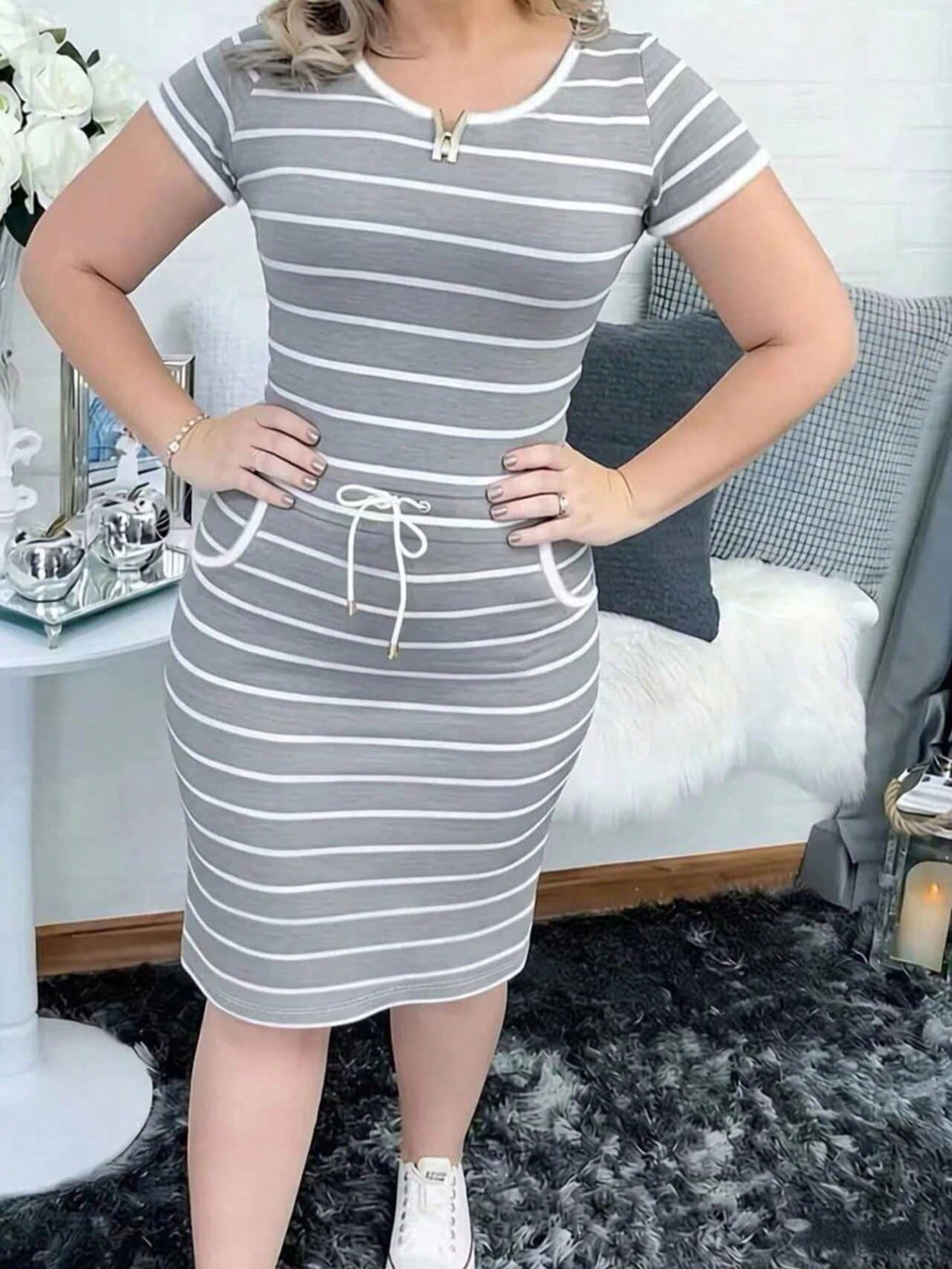 Women's Casual Striped Short Sleeve Shirt Dress With Drawstring Waist