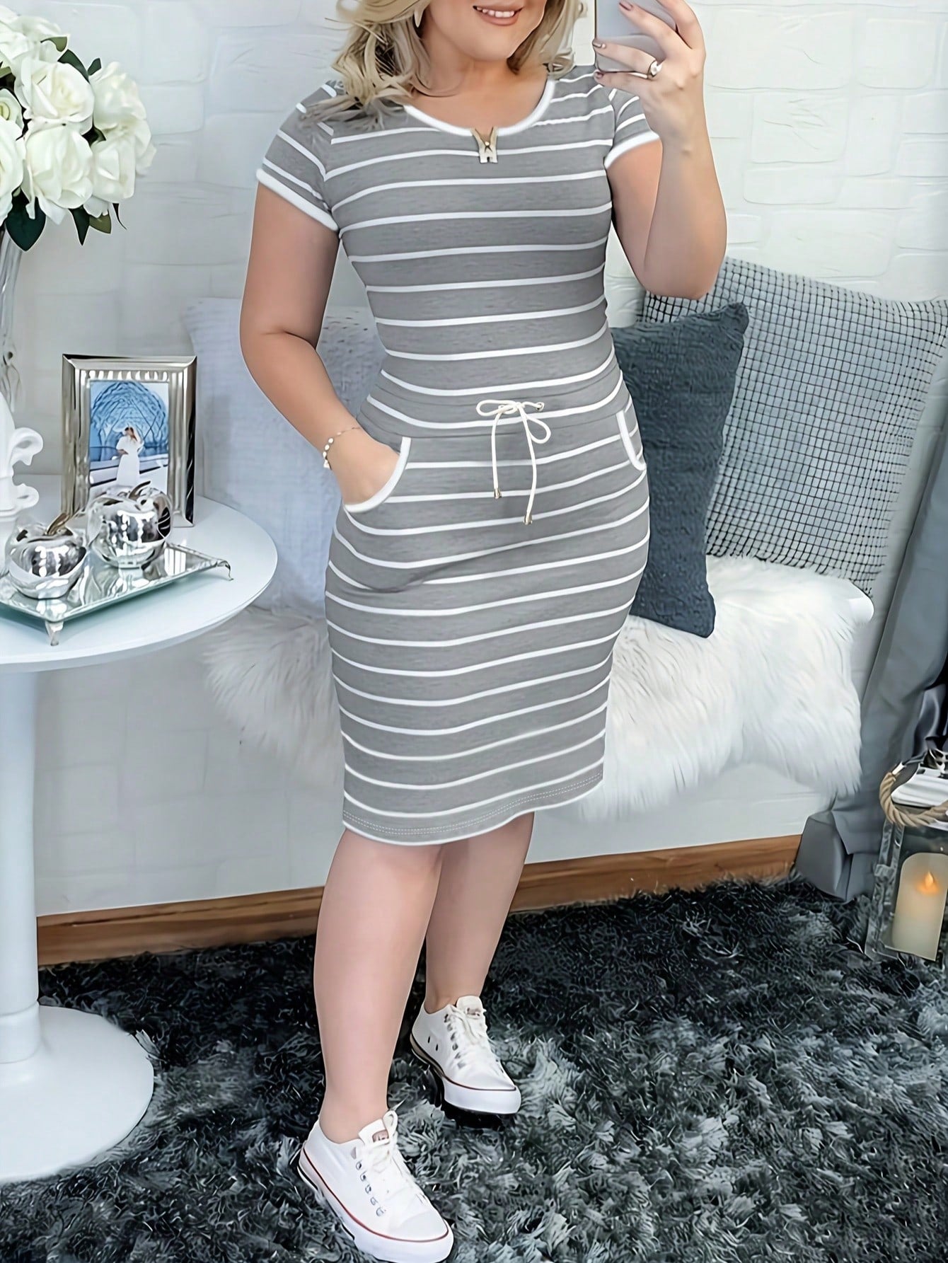 Women's Casual Striped Short Sleeve Shirt Dress With Drawstring Waist And Pockets Elegant Summer, Work To - image 4