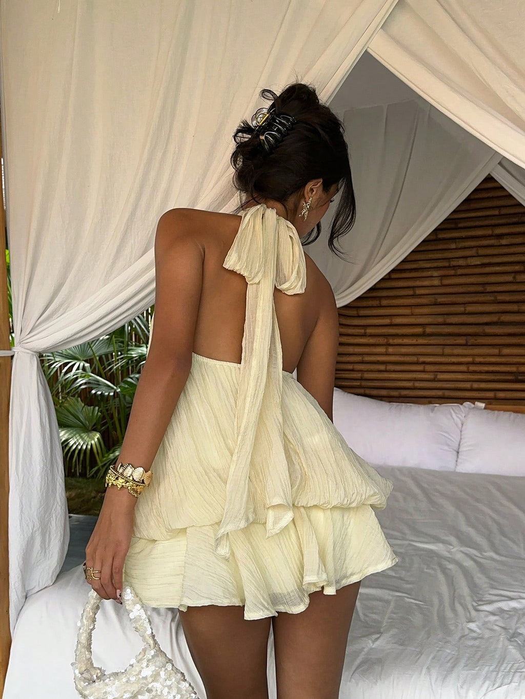 Aloruh Women's Elegant Pale Yellow Halter Tie Mini Dress, Suitable