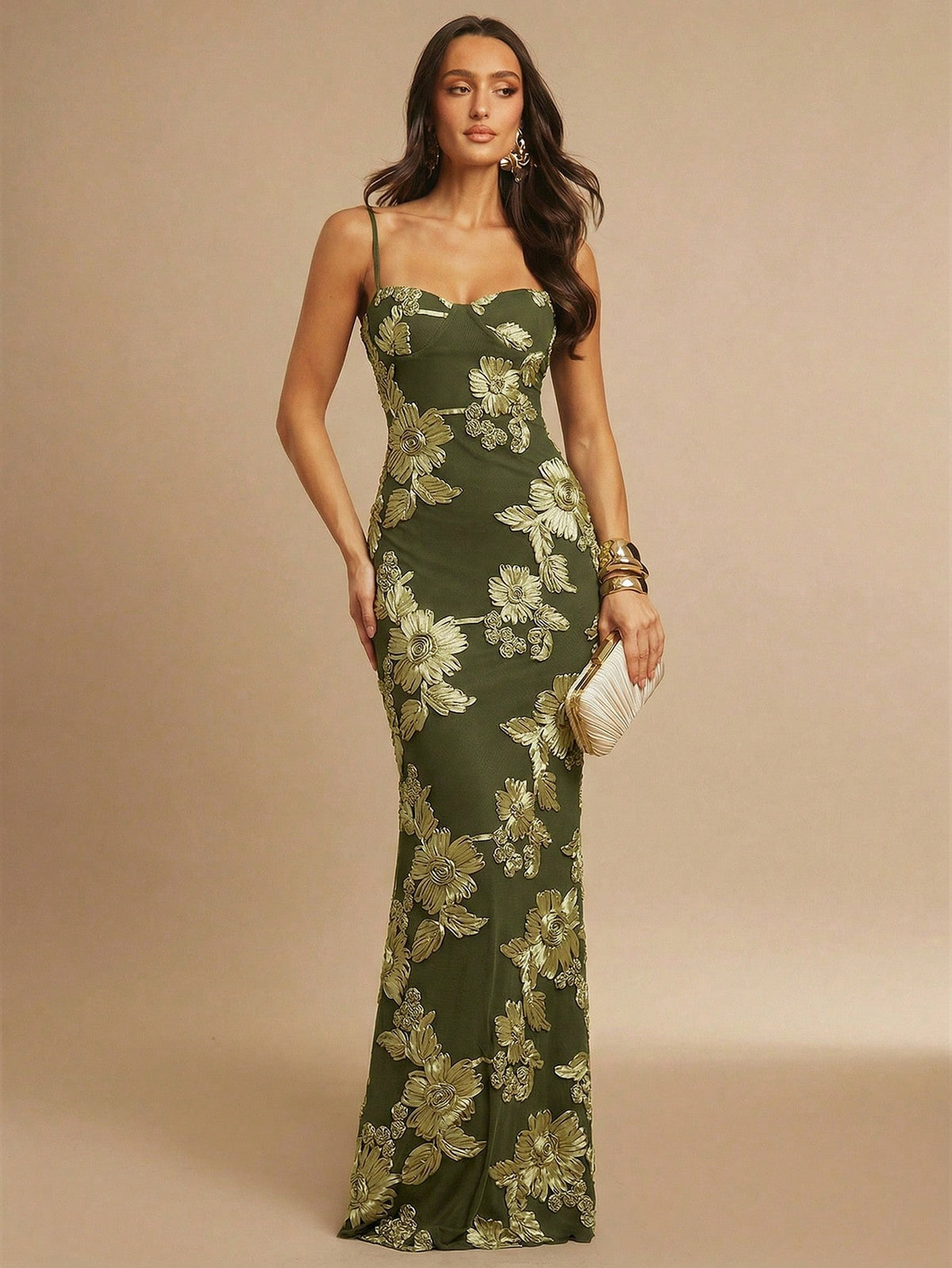 X GALILEA Silquee Women's Elegant Dark Brown 3D Floral Maxi Dress, Summer Slim Spaghetti Strap Suspender - image 11