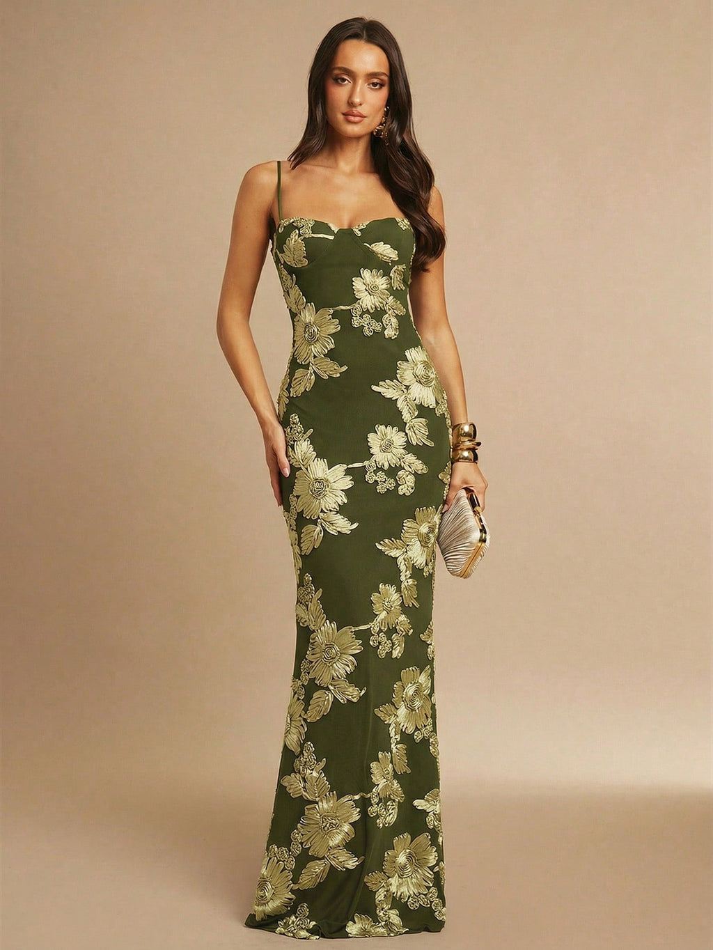 X GALILEA Silquee Women's Elegant Dark Brown 3D Floral Maxi Dress, Summer Slim Spaghetti Strap Suspender - image 13