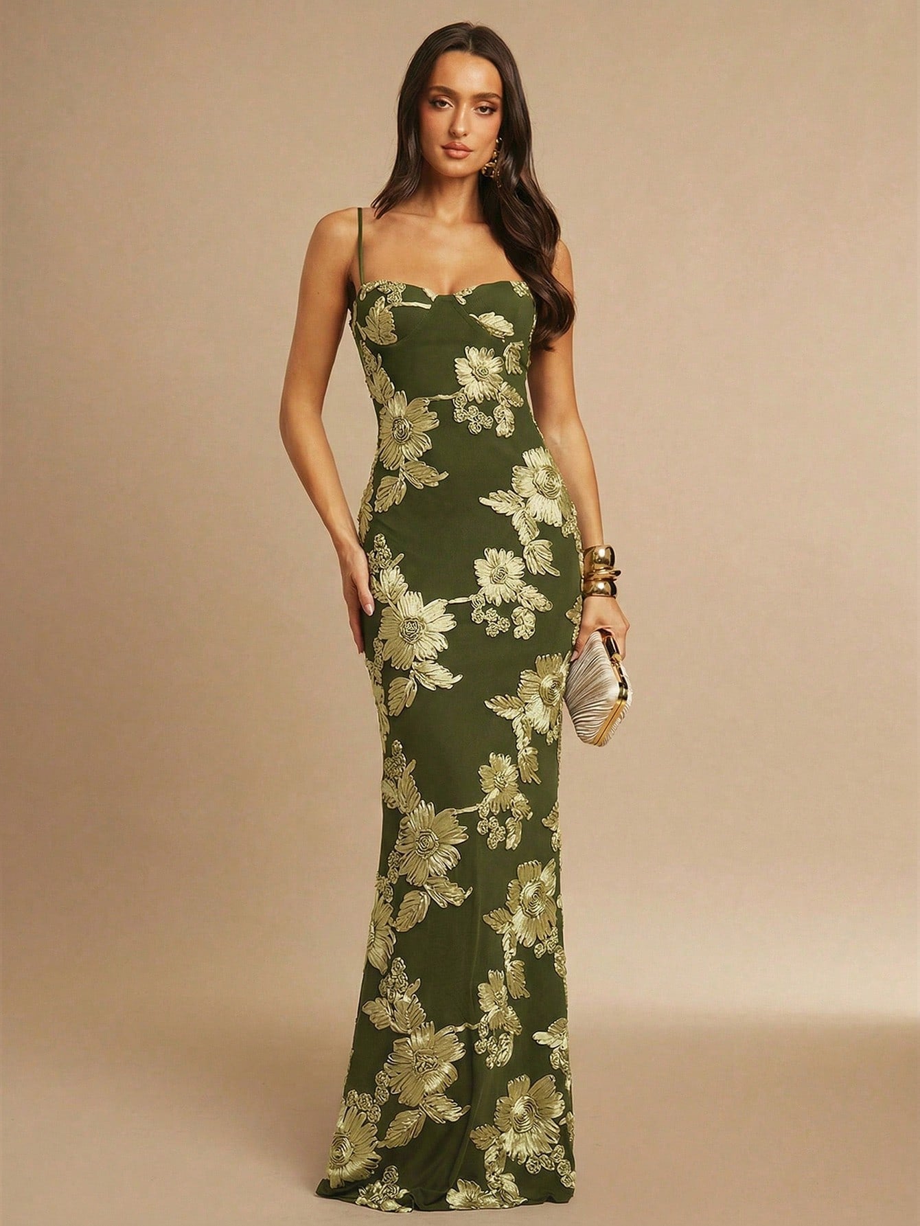 X GALILEA Silquee Women's Elegant Dark Brown 3D Floral Maxi Dress, Summer Slim Spaghetti Strap Suspender - image 13
