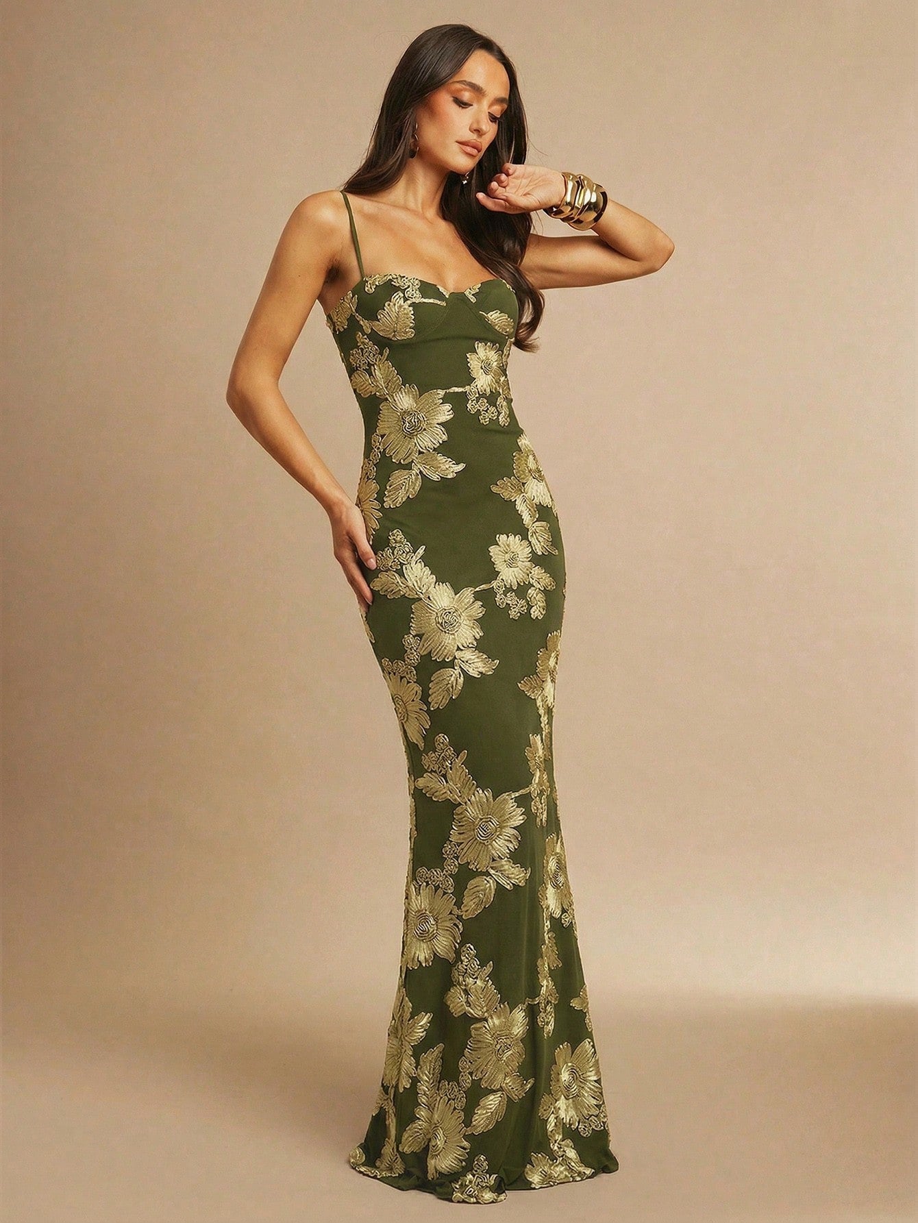 X GALILEA Silquee Women's Elegant Dark Brown 3D Floral Maxi Dress, Summer Slim Spaghetti Strap Suspender - image 15