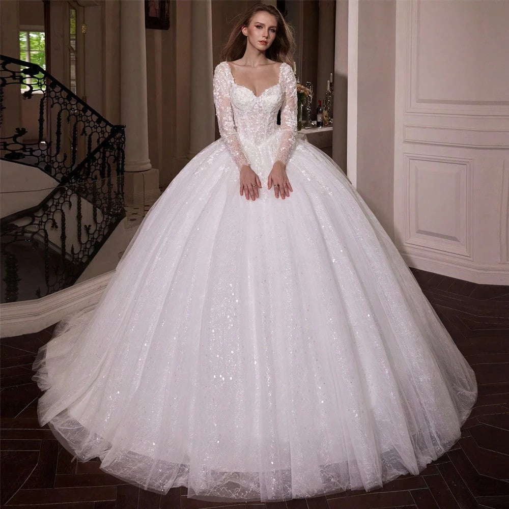 Elasola Elegant Long Formal Gown, Wedding Dress With Long Sleeves, Round Neck, Mesh Fabric, Floral Applique - image 7