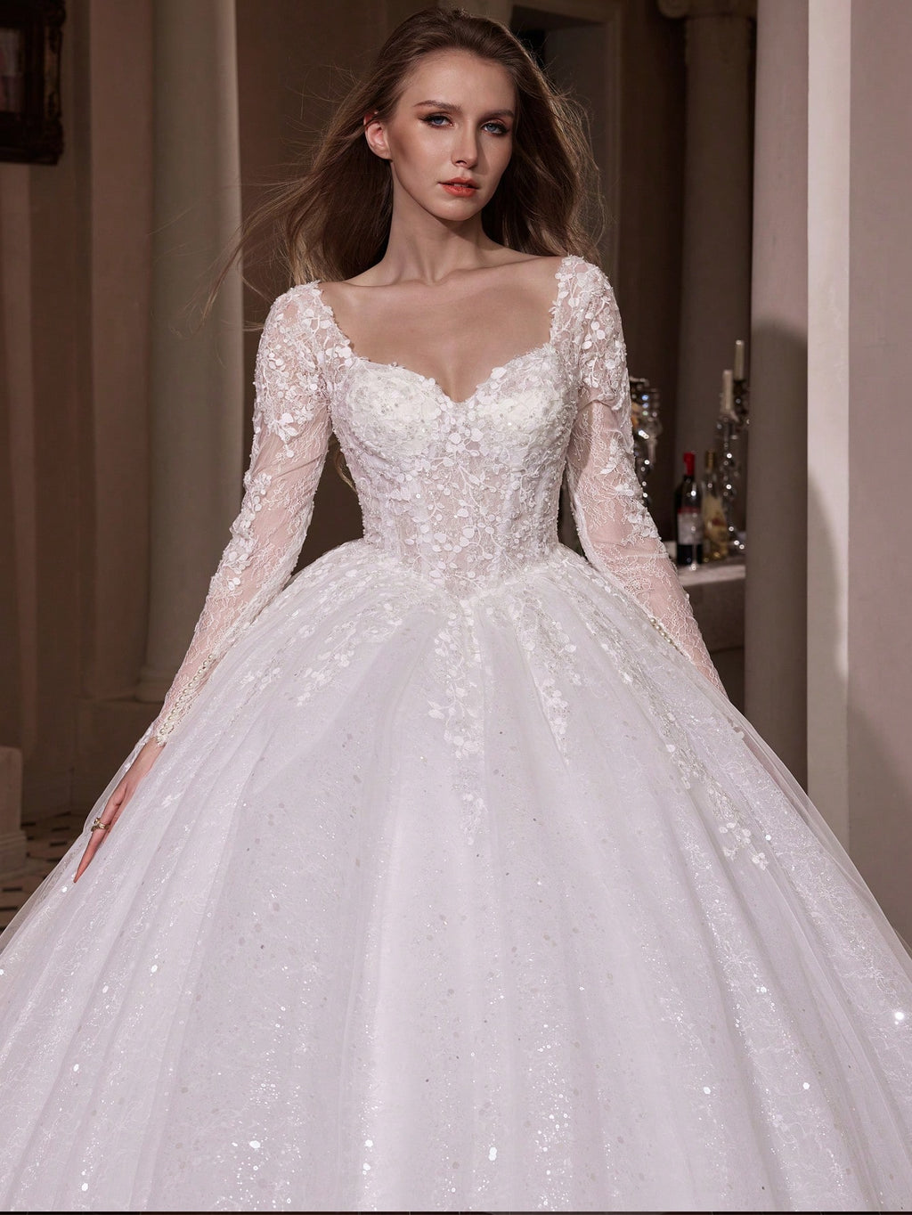 Elasola Elegant Long Formal Gown, Wedding Dress With Long Sleeves, Round Neck, Mesh Fabric, Floral Applique - image 2