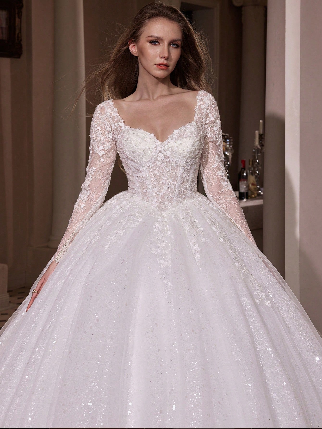 Elasola Elegant Long Formal Gown, Wedding Dress With Long Sleeves, Round Neck, Mesh Fabric, Floral Applique - image 2