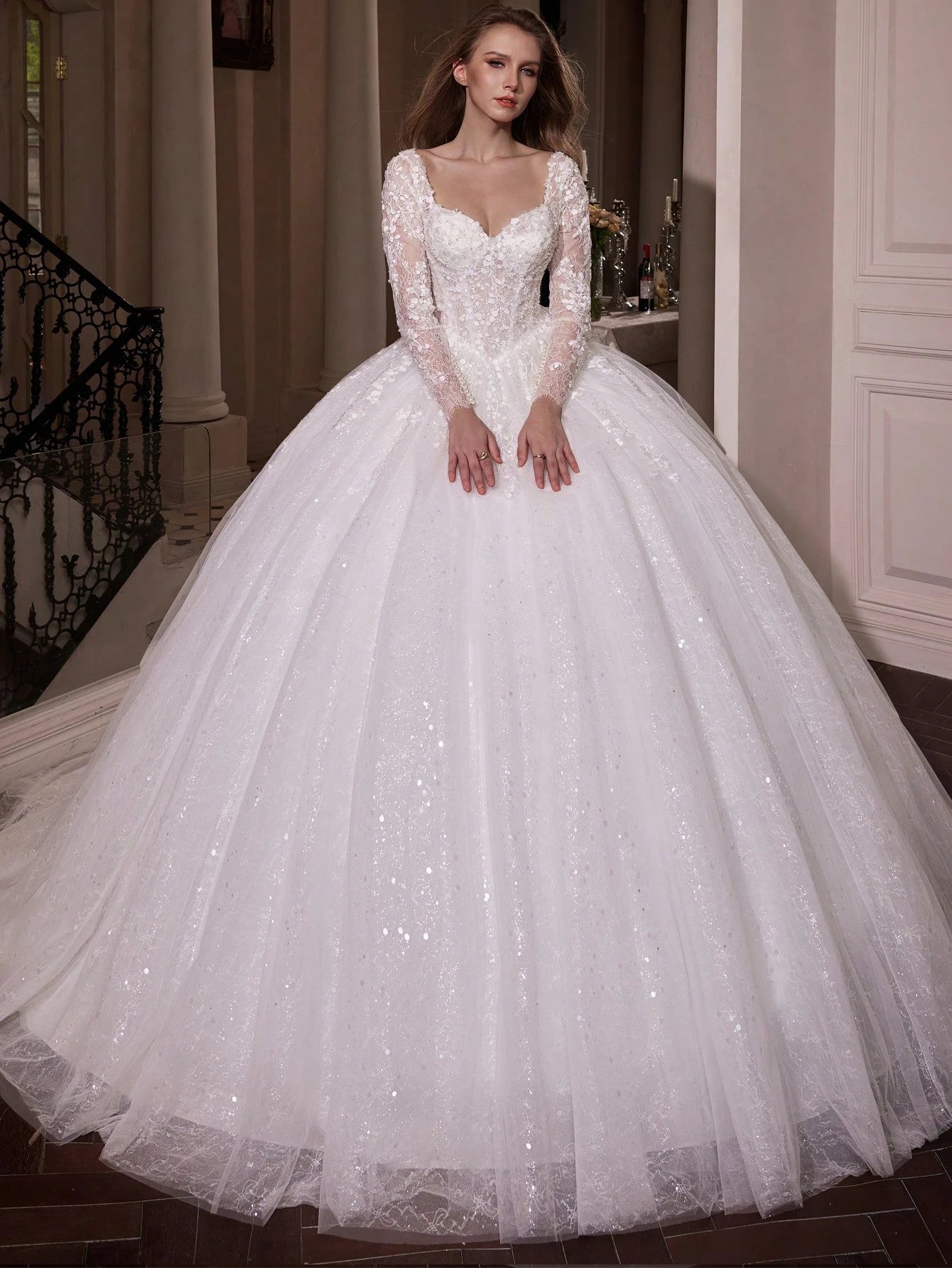 Elasola Elegant Long Formal Gown, Wedding Dress With Long Sleeves, Round Neck, Mesh Fabric, Floral Applique - image 3