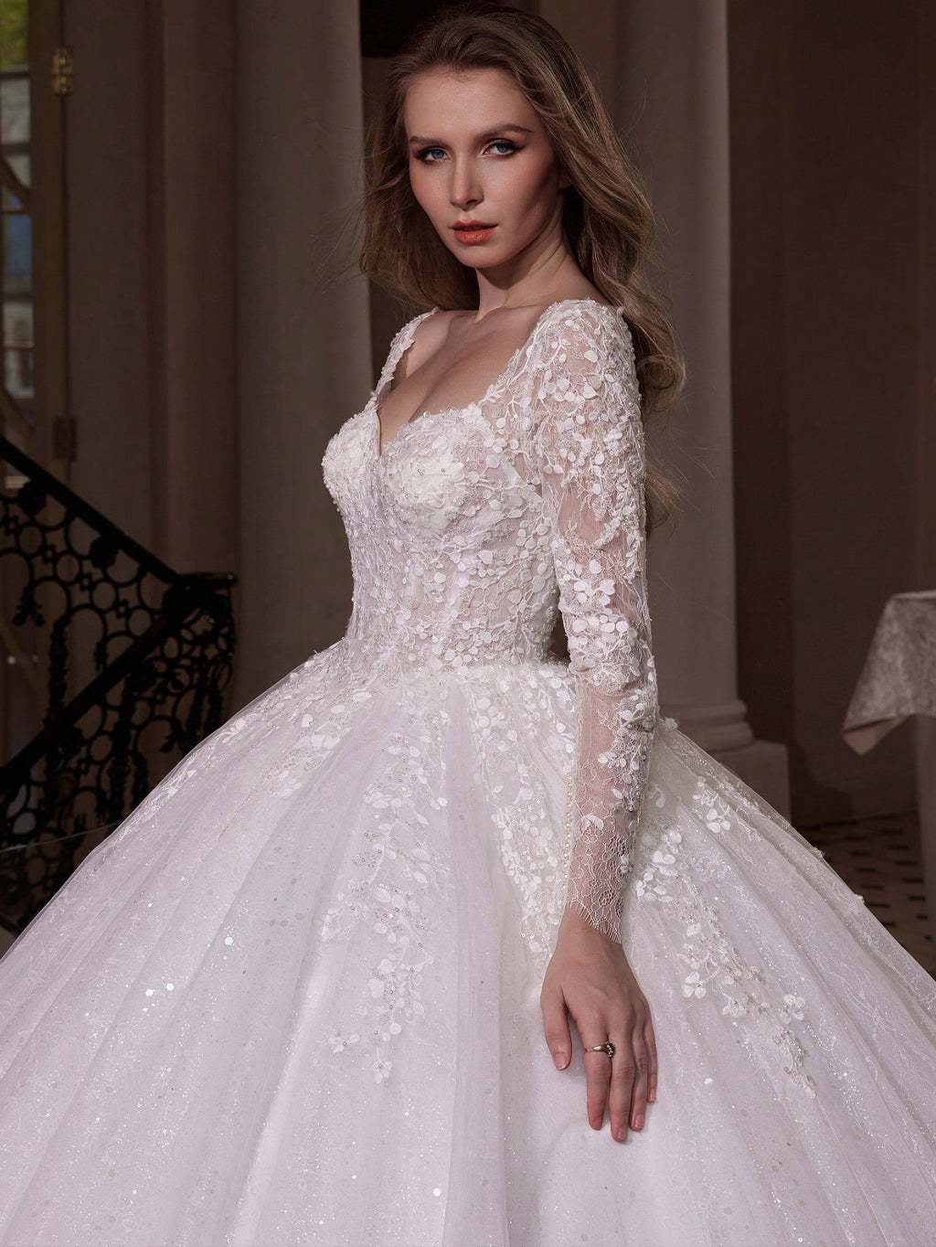 Elasola Elegant Long Formal Gown, Wedding Dress With Long Sleeves, Round Neck, Mesh Fabric, Floral Applique - image 6
