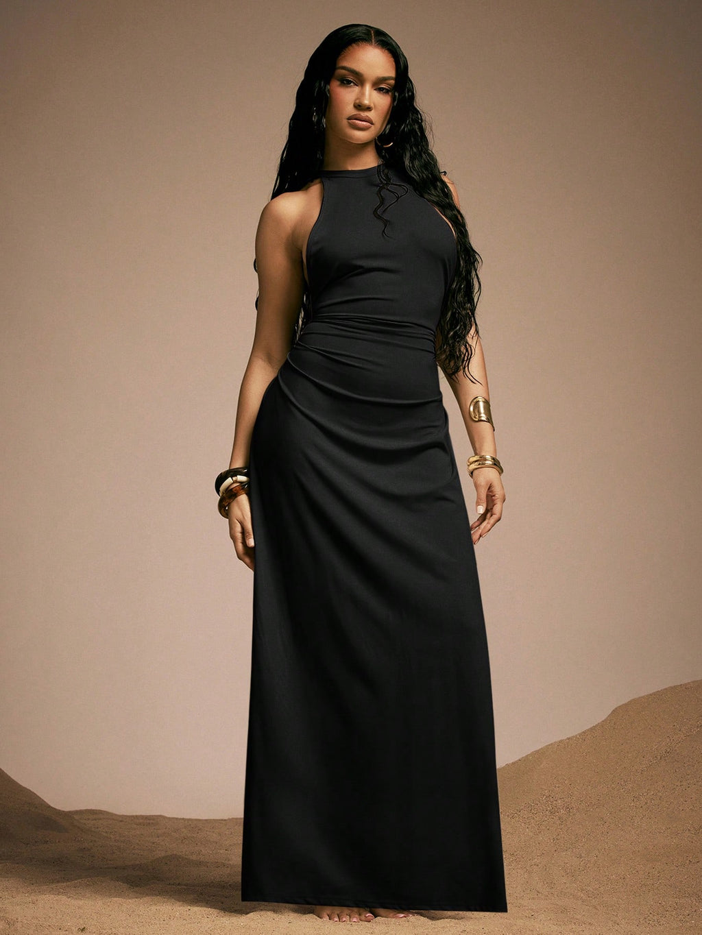 Hauture Women's Sexy High Neck Backless Maxi Dress With Bamboo Ring