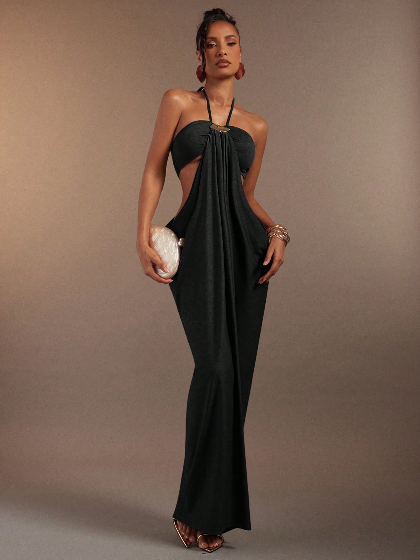 Hauture Olive Green Bandeau Cut Out Side Draped Gathered Side Halter Neck Maxi Dess - image 13