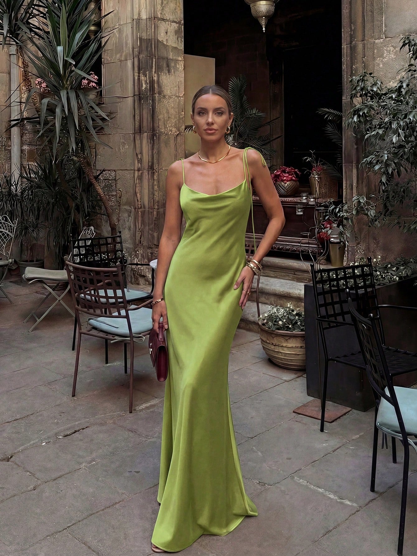 French Elegant Glossy Satin Brown Evening Gown, Cowl Neck Tie Strap Spaghetti Straps Back Zipper Open Back - image 19