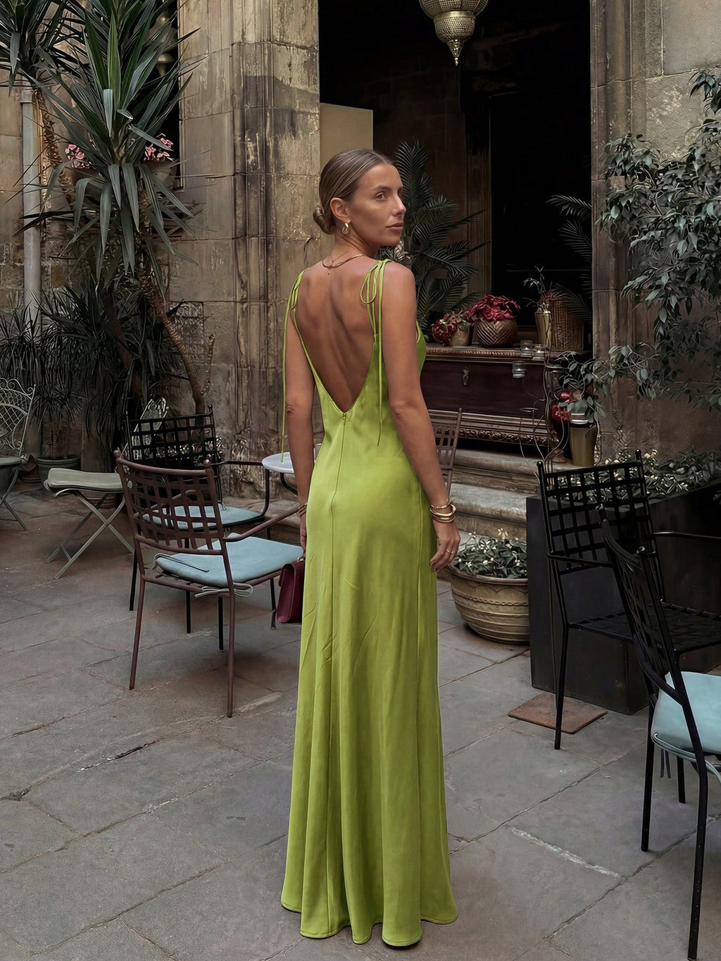French Elegant Glossy Satin Brown Evening Gown, Cowl Neck Tie Strap Spaghetti Straps Back Zipper Open Back - image 20