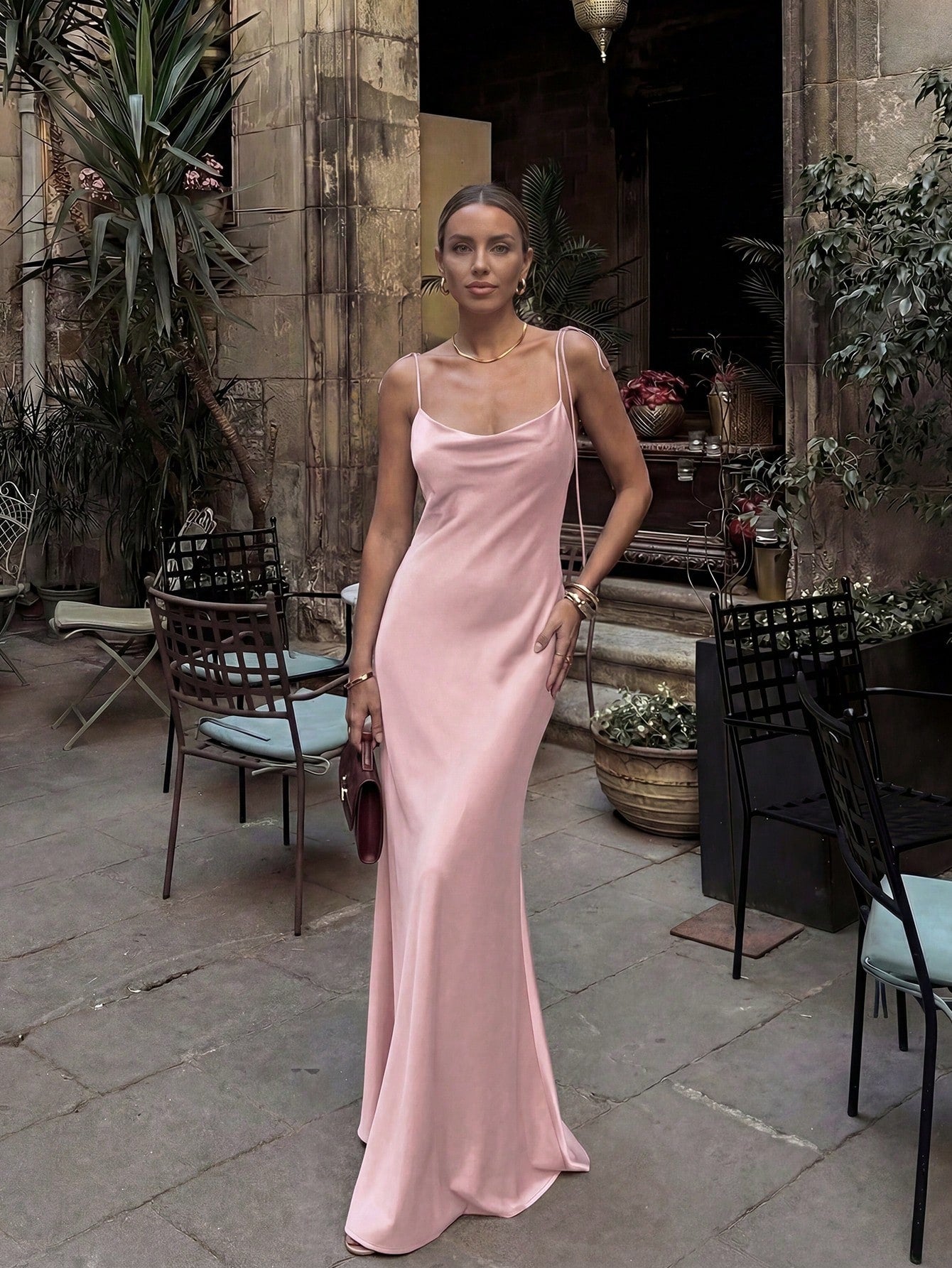 French Elegant Glossy Satin Brown Evening Gown, Cowl Neck Tie Strap