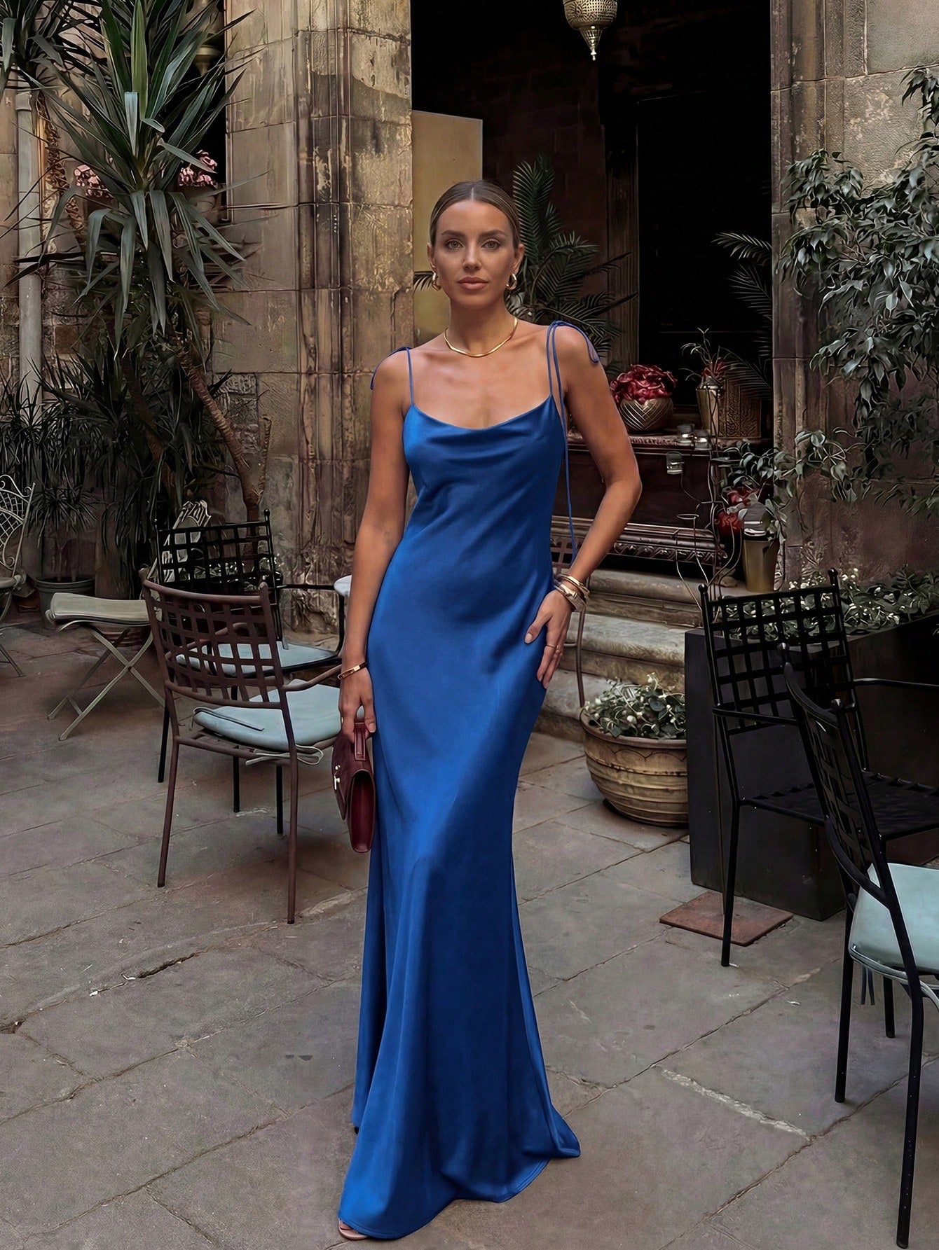 French Elegant Glossy Satin Brown Evening Gown, Cowl Neck Tie Strap