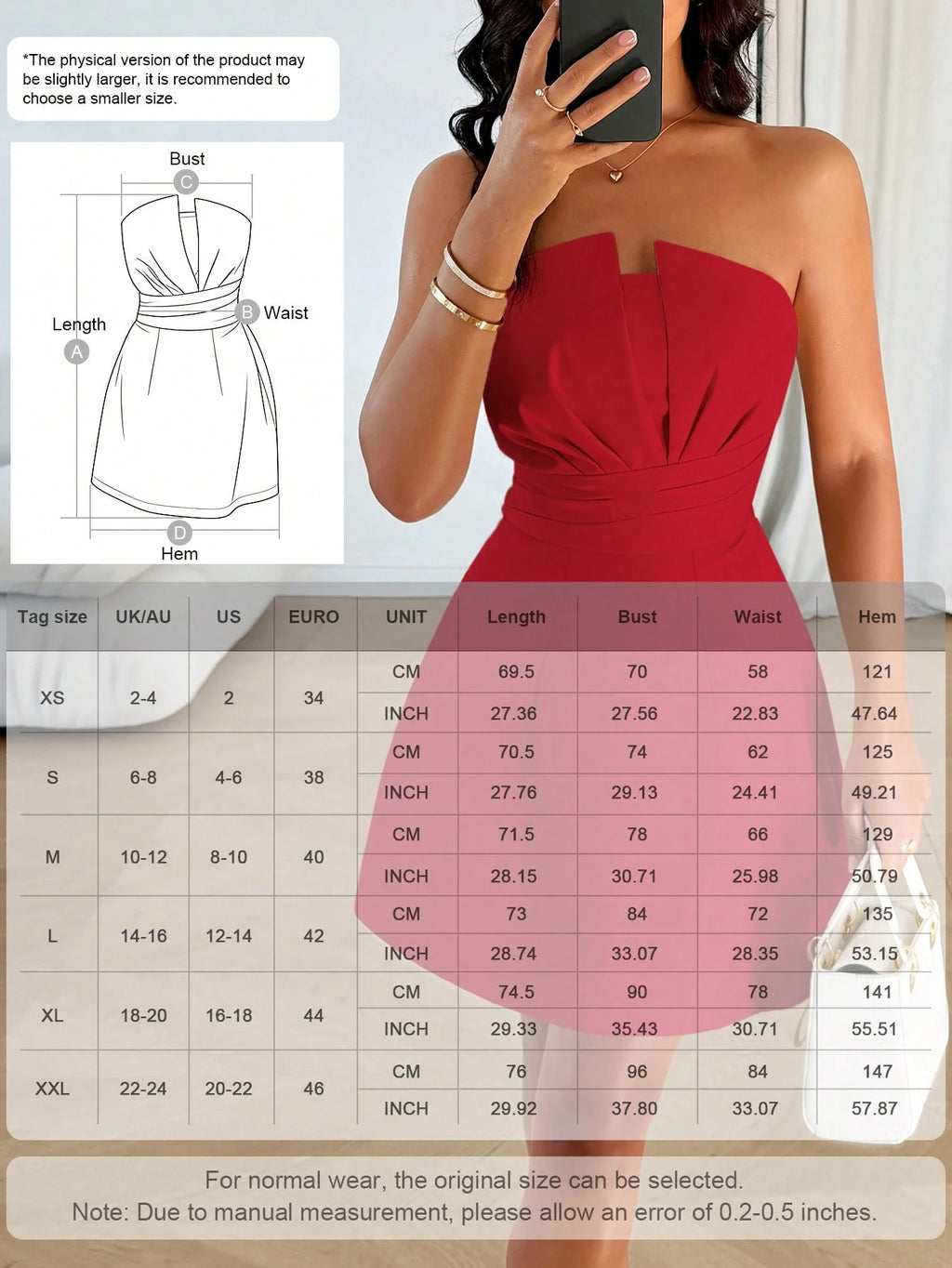 Women's Elegant Sexy Strapless Solid Color Dress Summer Red - image 10