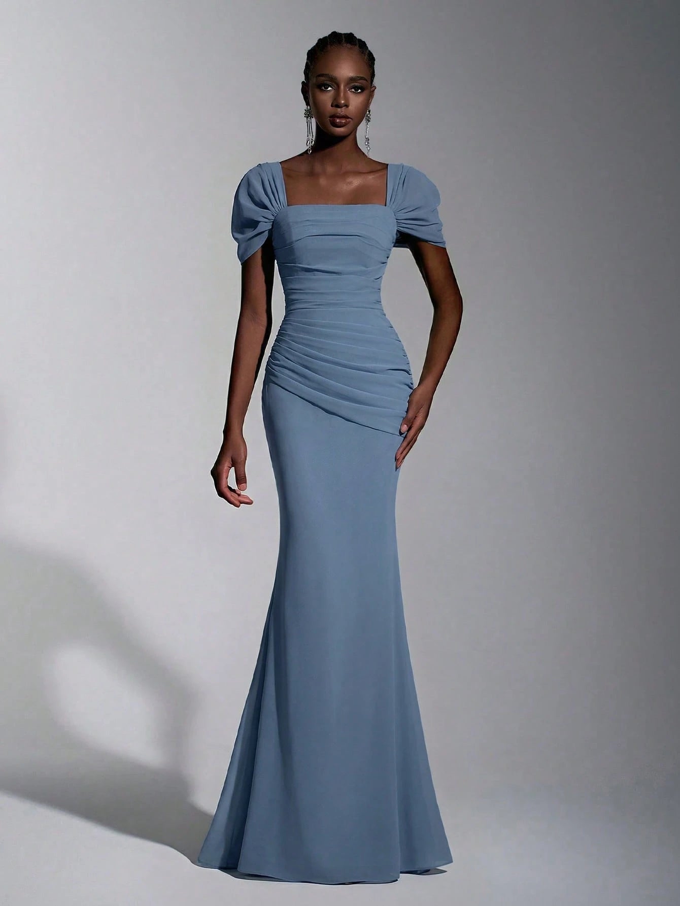 Elitara Elegant Chiffon Off Shoulder Cap Sleeve Ruched Fishtail