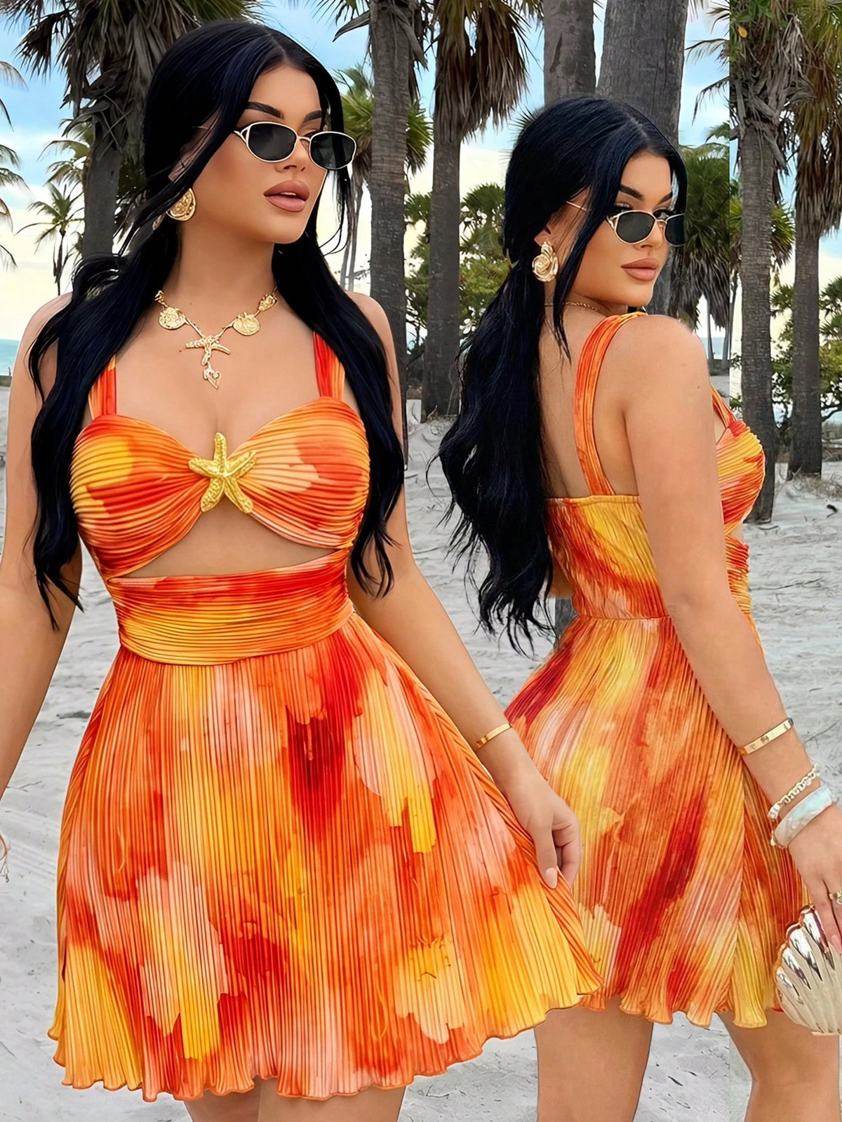 SXY Women's Tie-Dye Metal Starfish Decor Hollow-Out Mini Dress,Golden - image 20