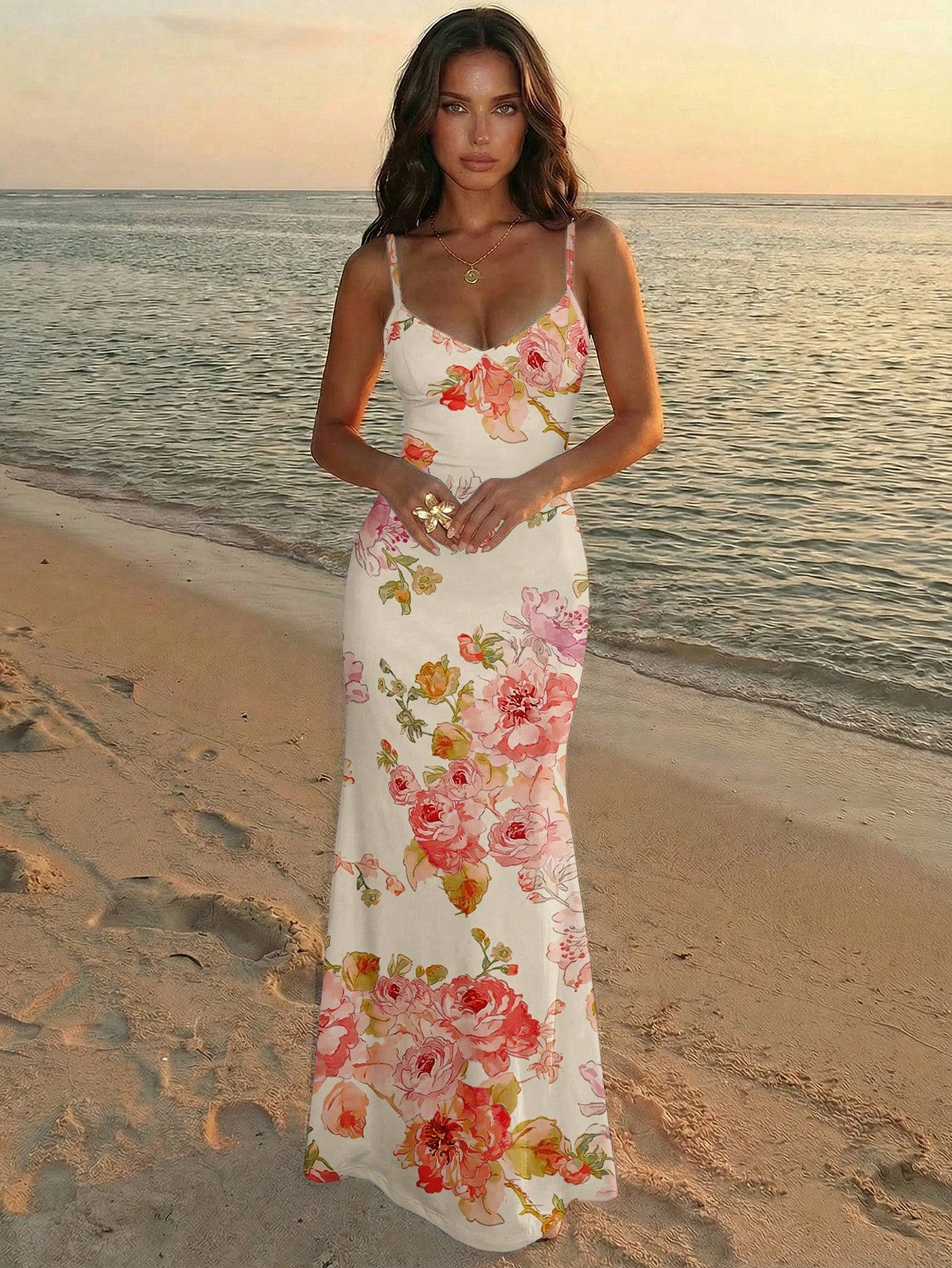 Aloruh Vacation Spaghetti Strap Tie-Up Bodycon Printed Dress For
