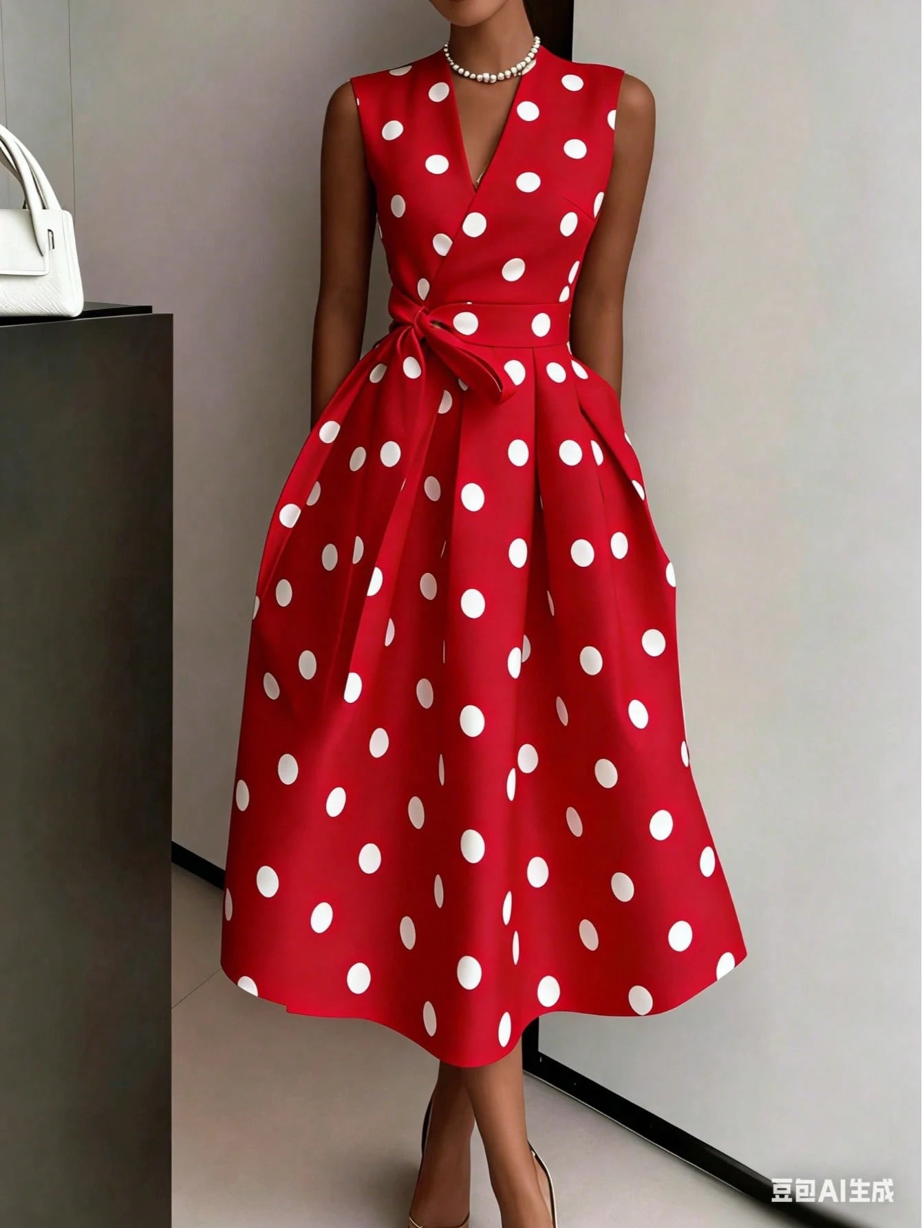 Women's Elegant Pink Polka Dot Midi Dress With Deep V Neck And Bow Detail, Sleeveless Fit And Flare Casual - image 9