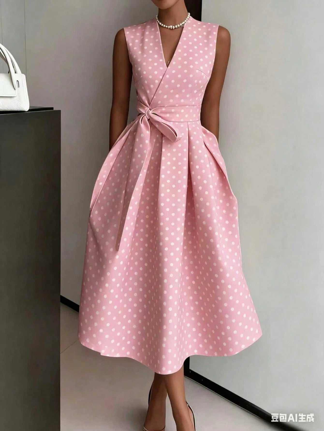 Women's Elegant Pink Polka Dot Midi Dress With Deep V Neck And Bow Detail, Sleeveless Fit And Flare Casual - image 13