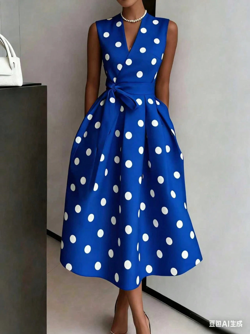 Women's Elegant Pink Polka Dot Midi Dress With Deep V Neck And Bow Detail, Sleeveless Fit And Flare Casual - image 14