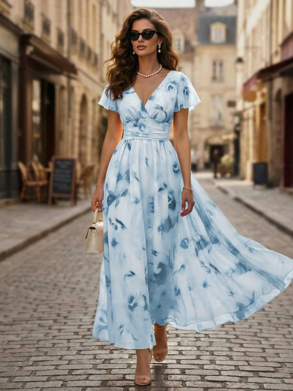 Balvessa V-Neck Elegant Ruffle Hem Floral Print Waist Cinched A-Line