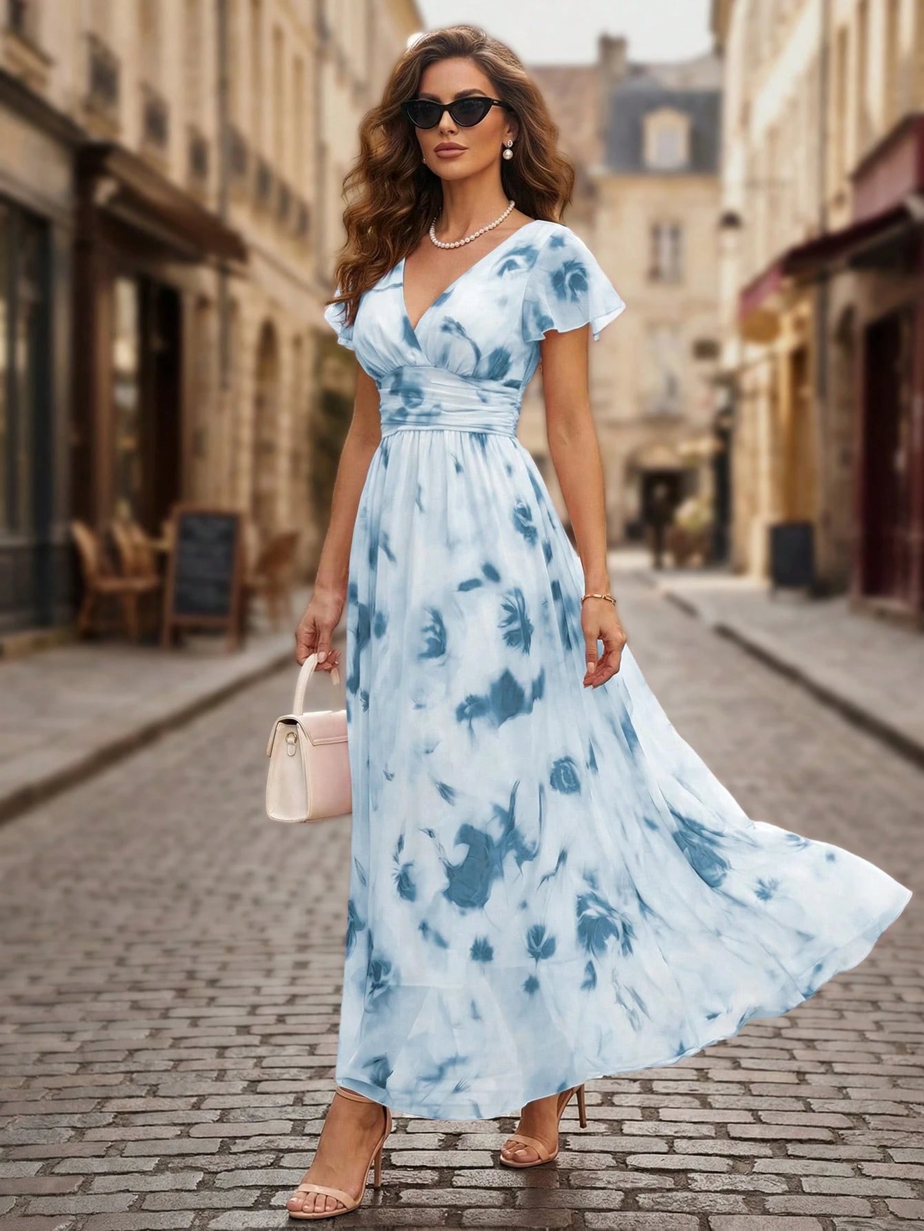 Balvessa V-Neck Elegant Ruffle Hem Floral Print Waist Cinched A-Line