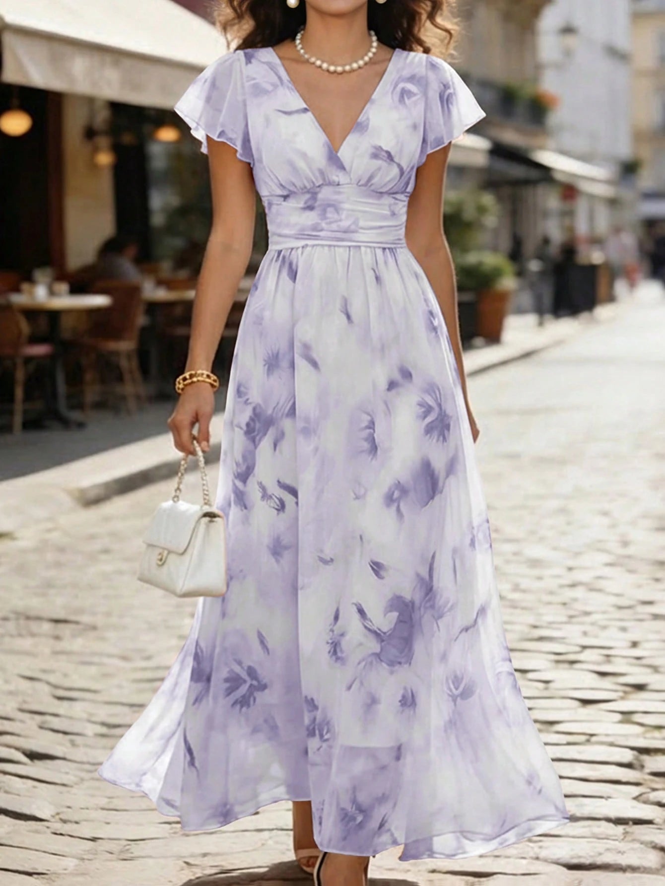 Balvessa V-Neck Elegant Ruffle Hem Floral Print Waist Cinched A-Line