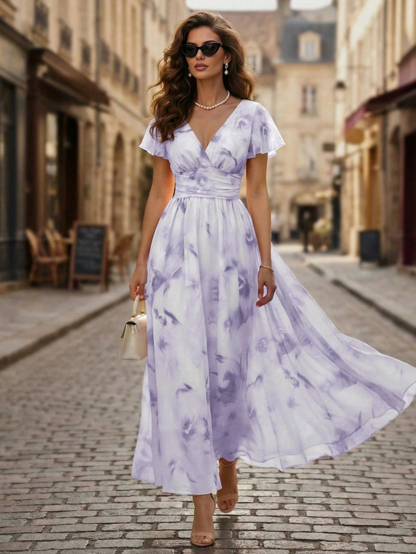 Balvessa V-Neck Elegant Ruffle Hem Floral Print Waist Cinched A-Line