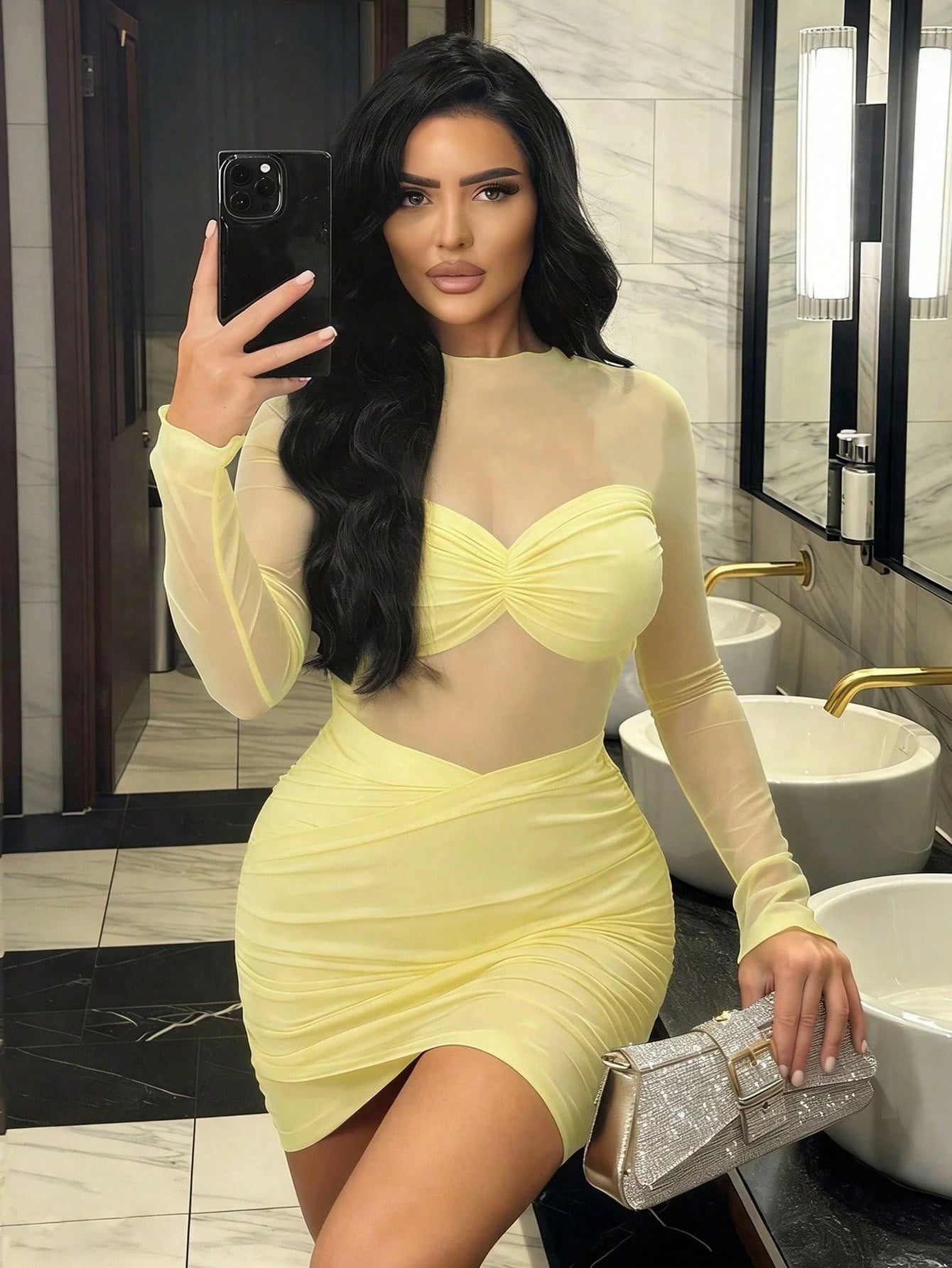 SXY Women Sexy Mesh Sheer Round Neck Long Sleeve Ruffle Mini