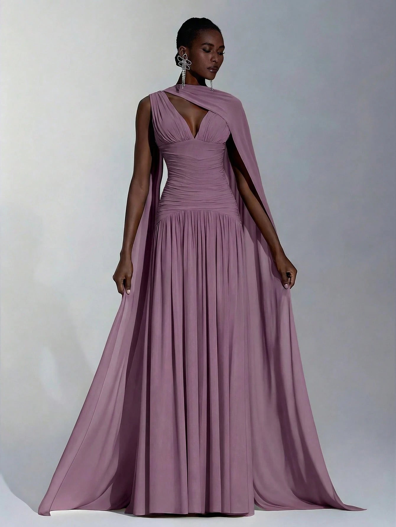 Elitara Elegant Burgundy Glossy Mesh V-Neck Ruched A-Line Skirt With