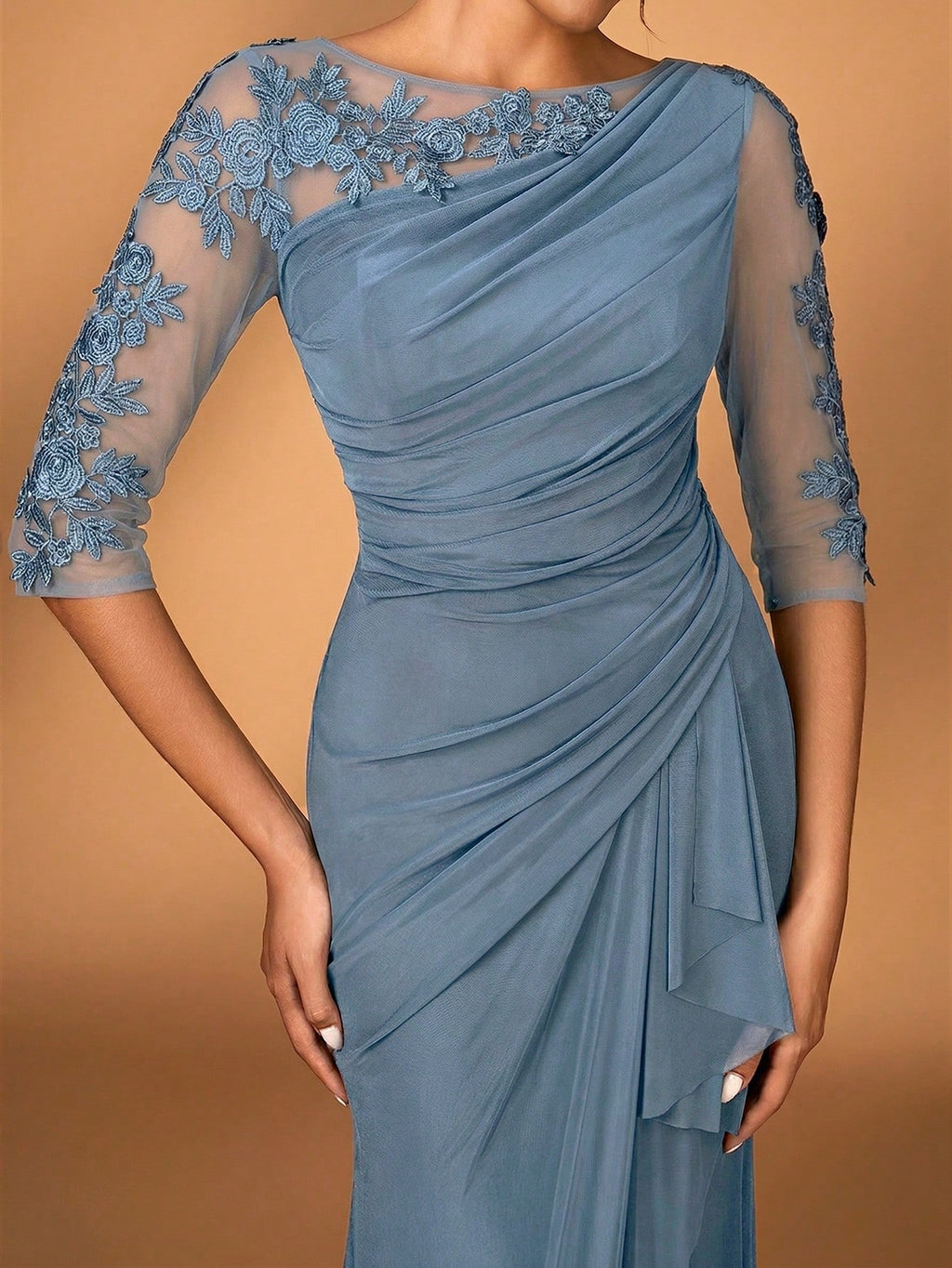 Serin Black Winter Elegant Formal Wedding Embroidered Lace Sheer Long Sleeve Elastic Knit Mesh Ruched Mermaid - image 17